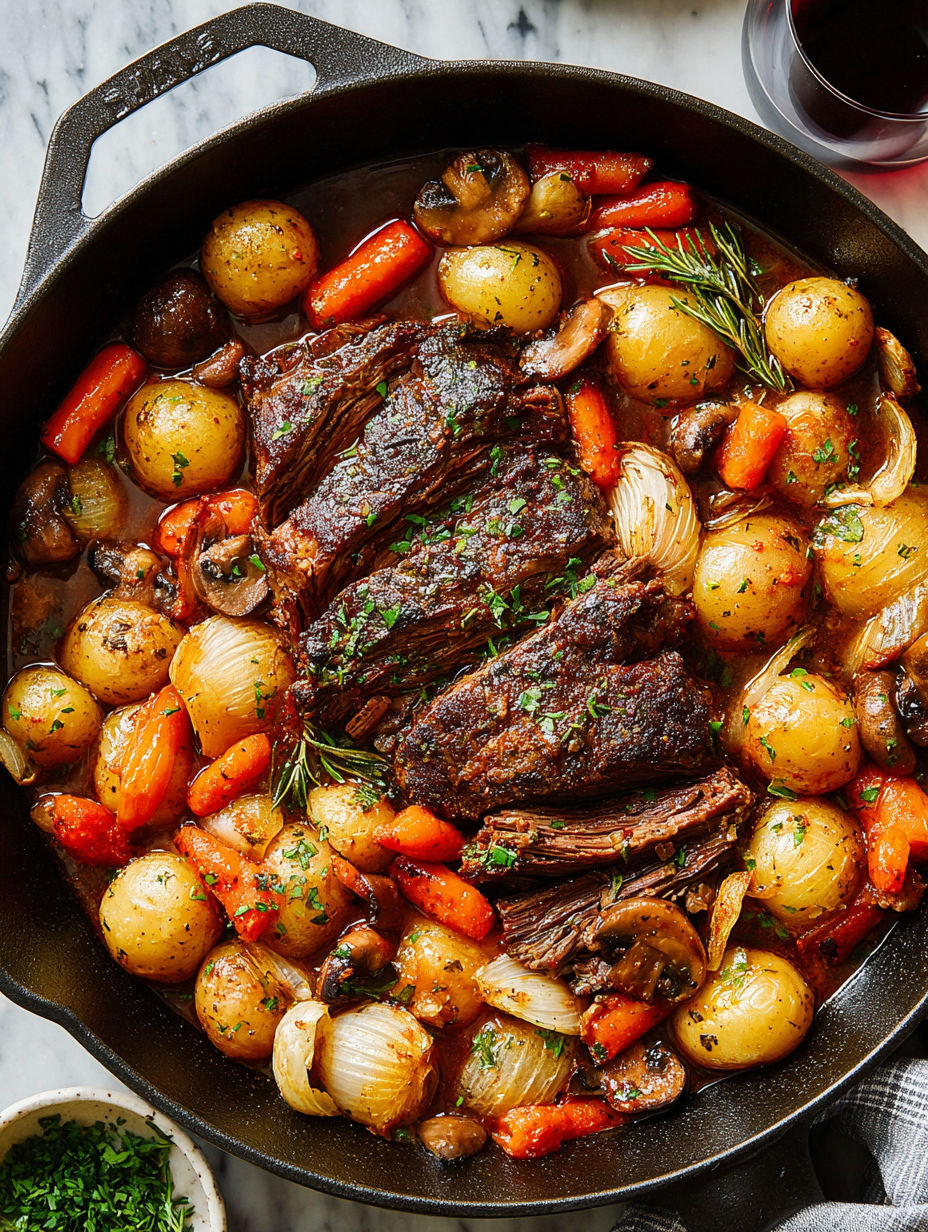 A delicious pot roast with carrots and mushrooms.
