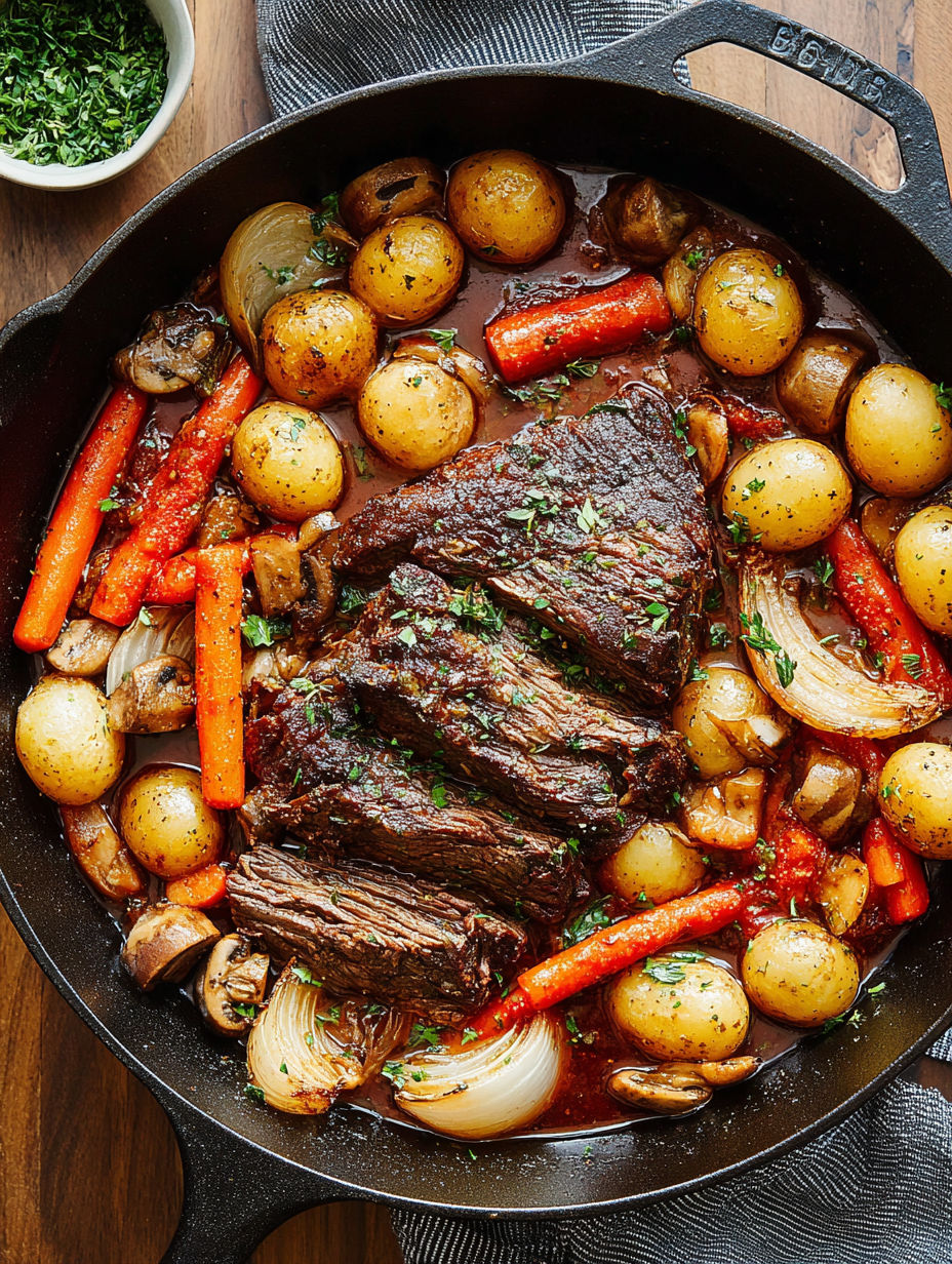 A delicious pot roast with vegetables.