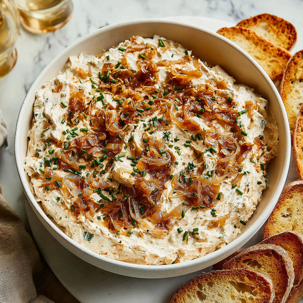 A bowl of caramelized onion dip with a spoon in it.