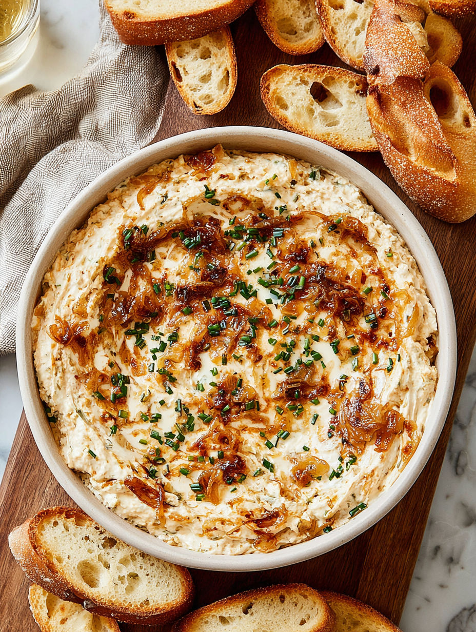 A bowl of caramelized onion dip.