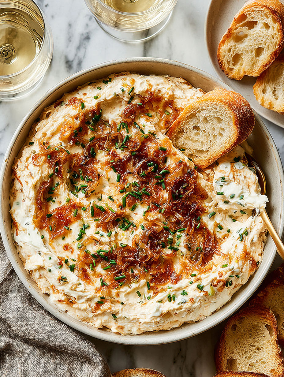 A bowl of caramelized onion dip with a spoon.