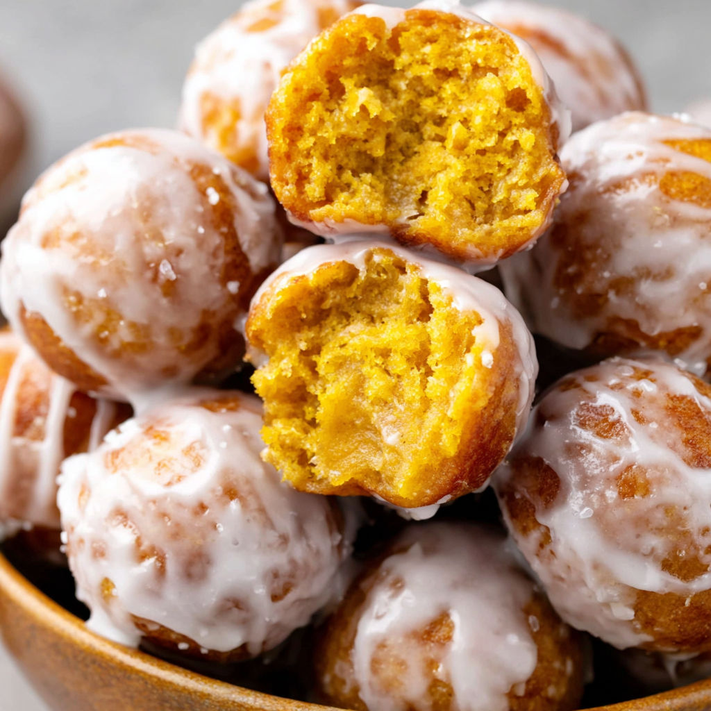 A bowl of pumpkin donut holes with icing.