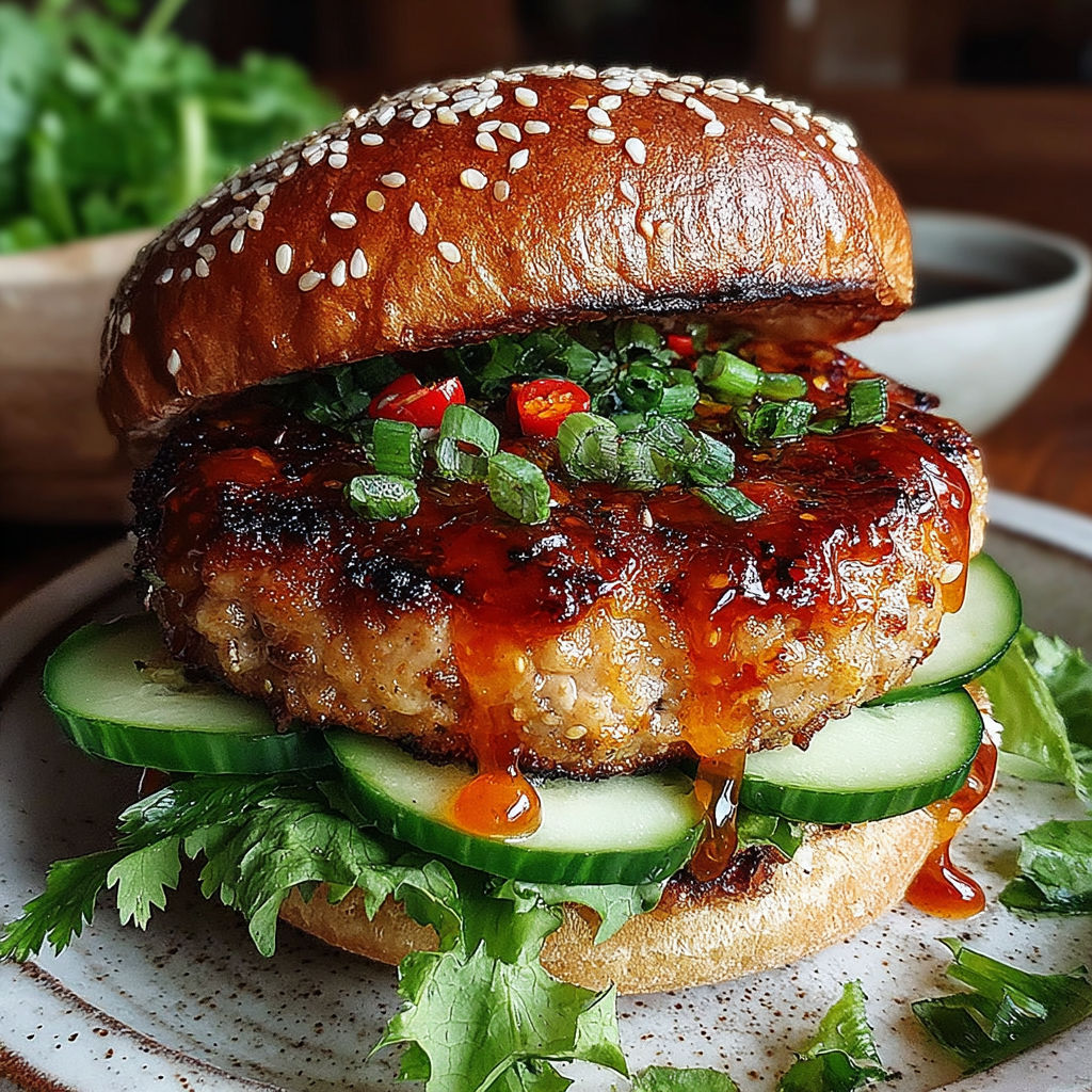 A Thai Sweet Chili Turkey Burger with lettuce, tomato, and cucumber.