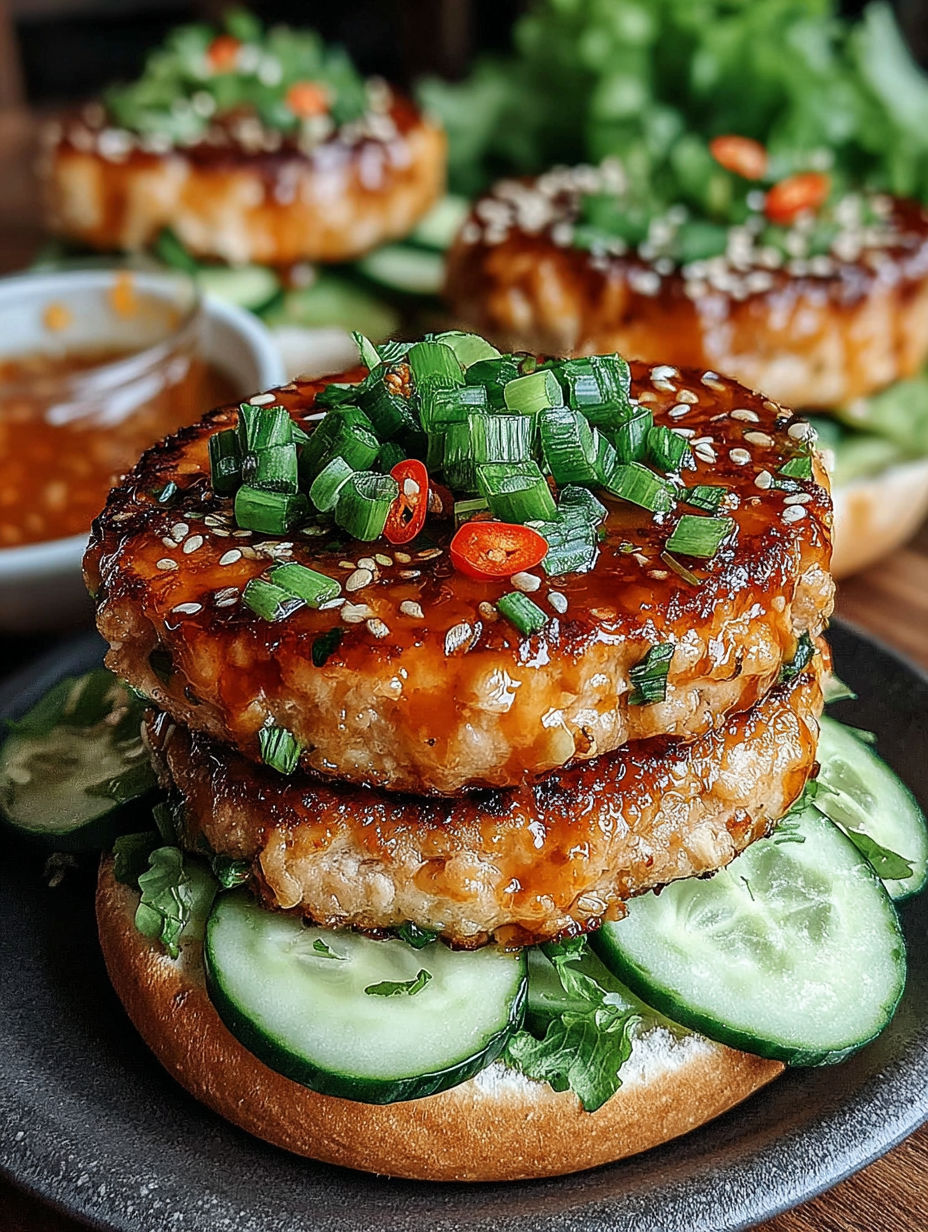 A stack of three meat patties with vegetables on top.