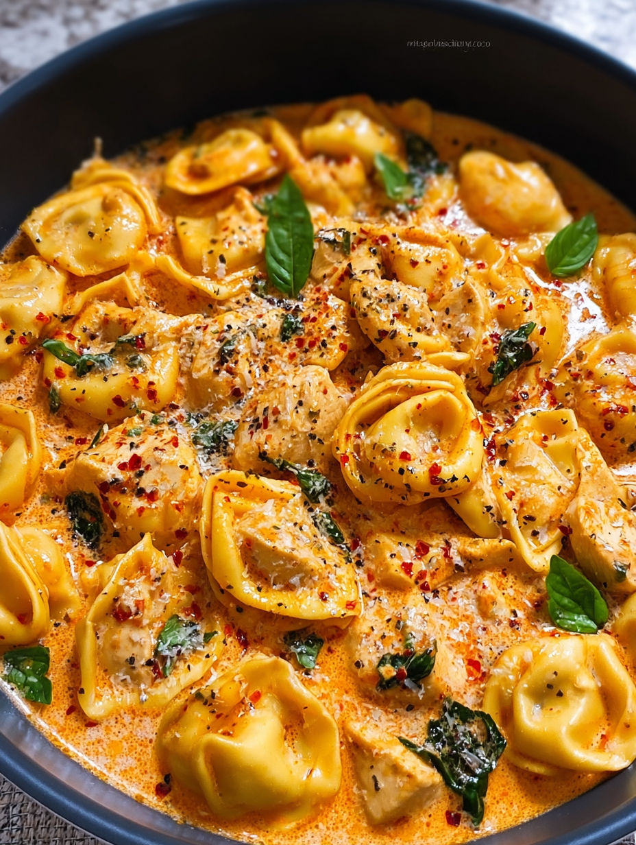 A bowl of pasta with sauce and green herbs.