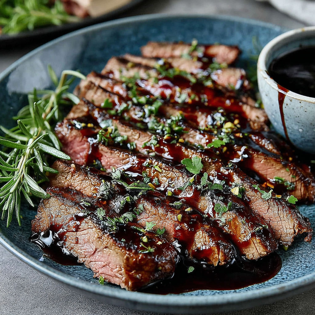 A plate of steak with balsamic glaze.
