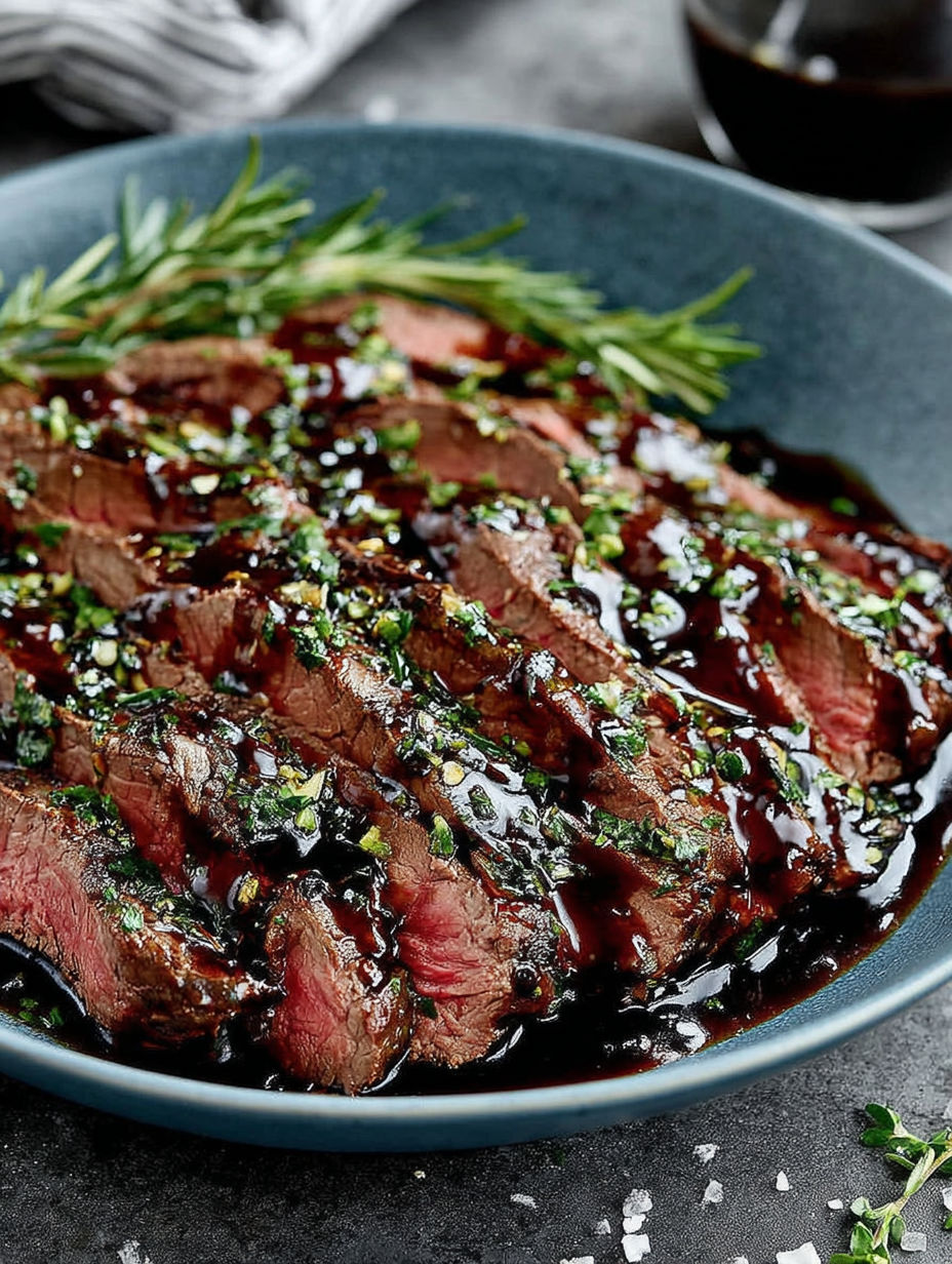 A plate of meat with a green garnish.