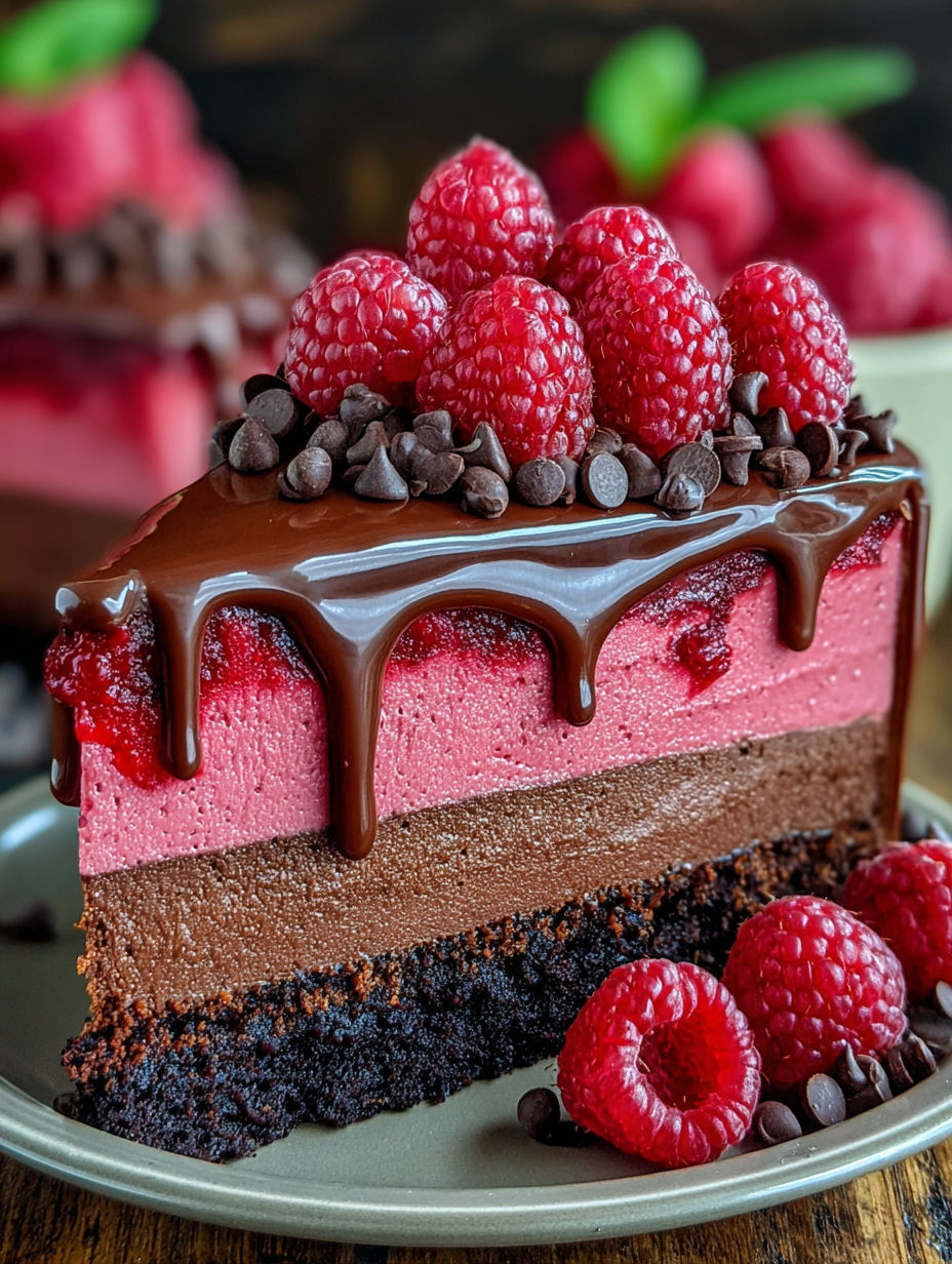 A slice of chocolate cake with raspberries on top.