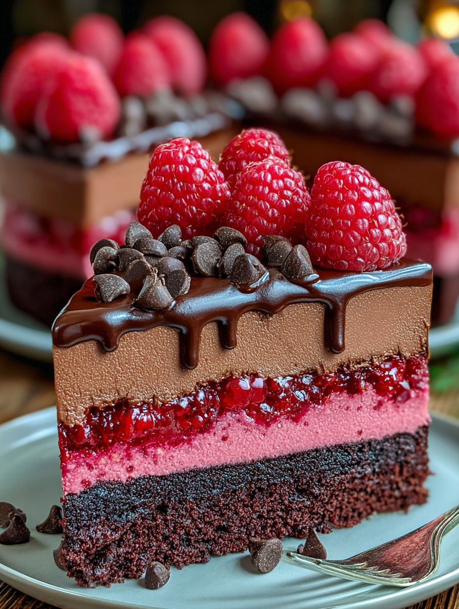A slice of chocolate cake with raspberries on top.