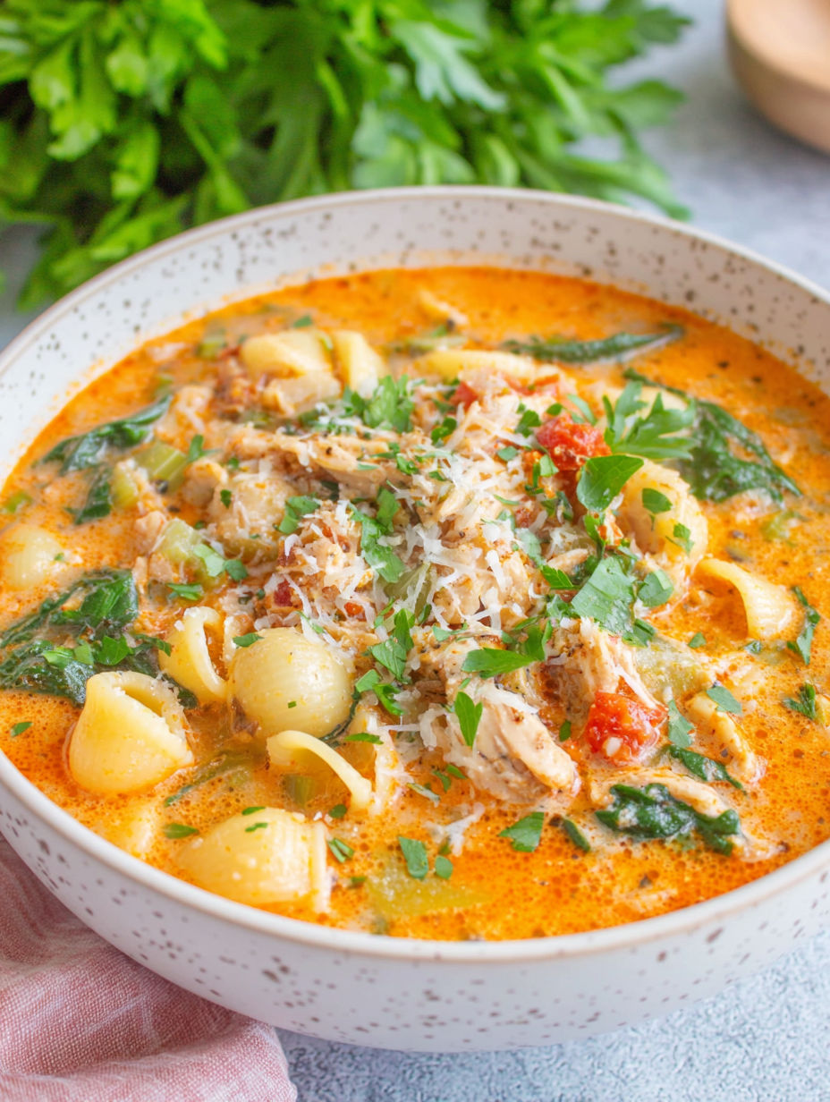 A bowl of Tuscan chicken soup with pasta and greens.