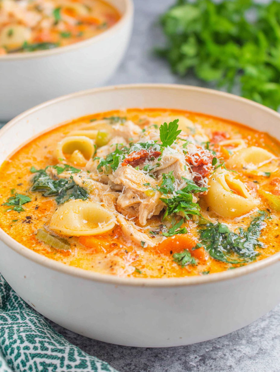 A bowl of Tuscan chicken soup with vegetables.