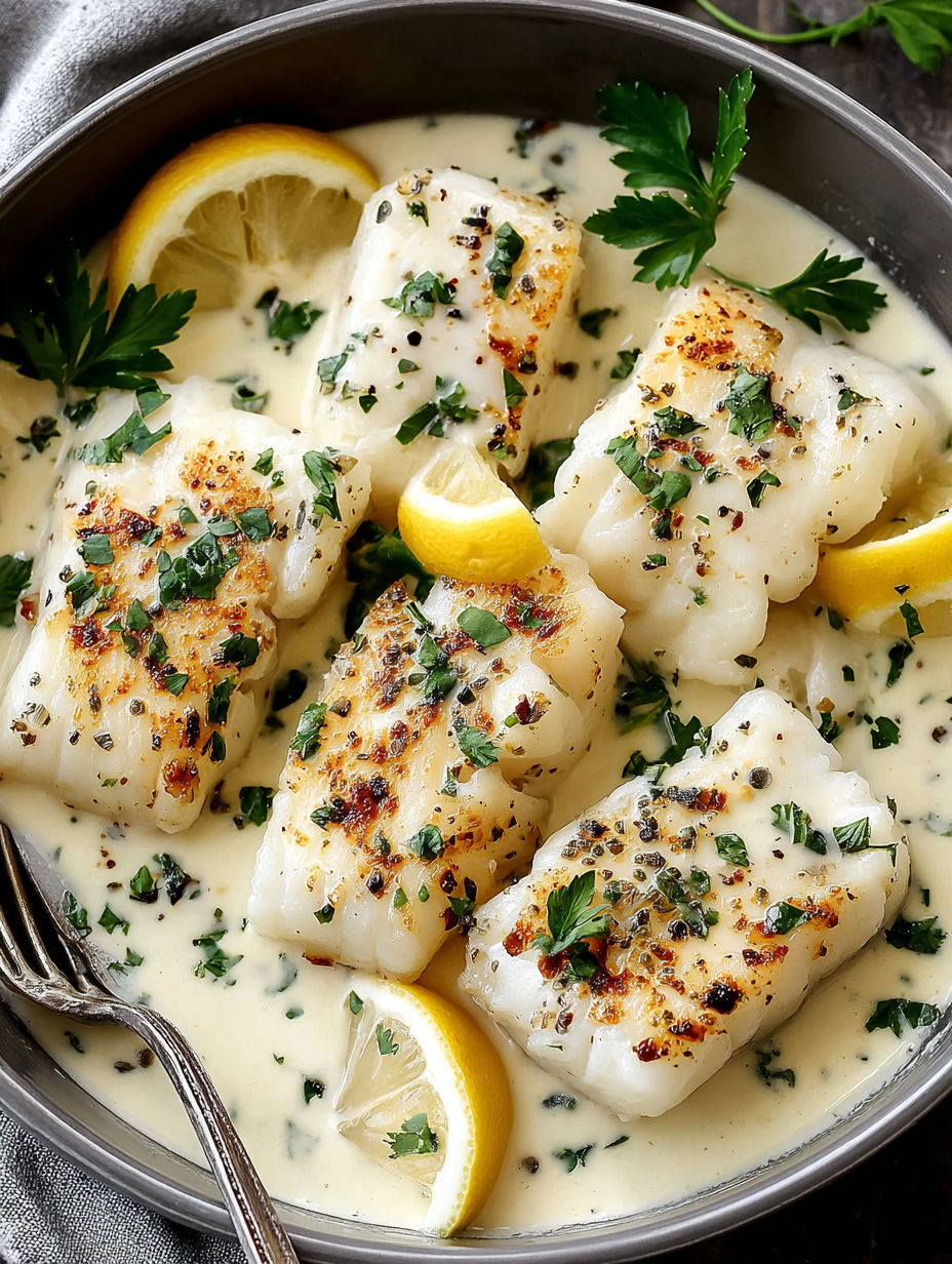 A dish of baked cod in a creamy sauce.