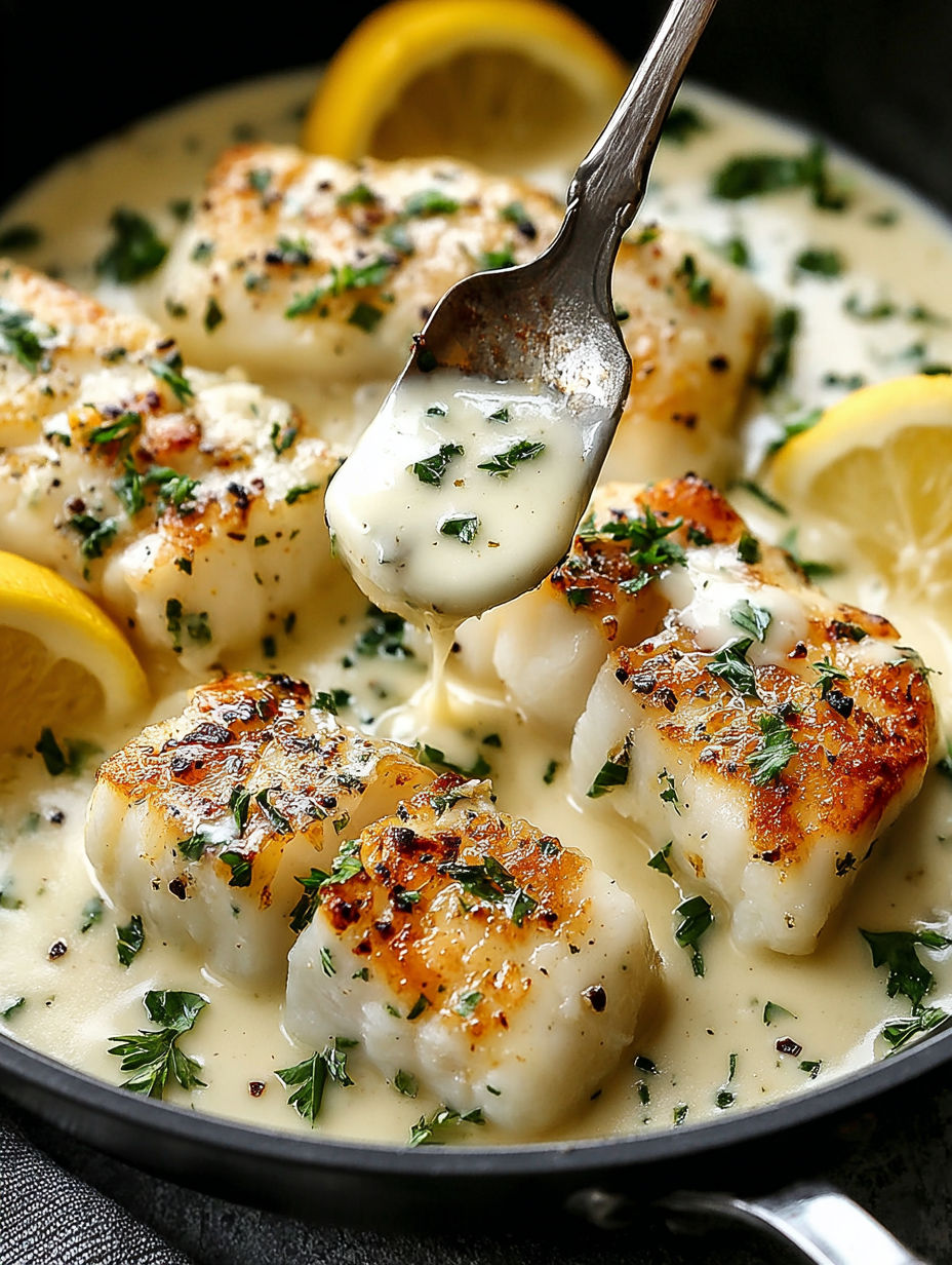 A delicious meal of baked cod in a creamy sauce.