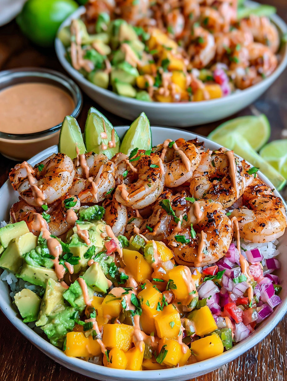 A bowl of shrimp and vegetables with a sauce.
