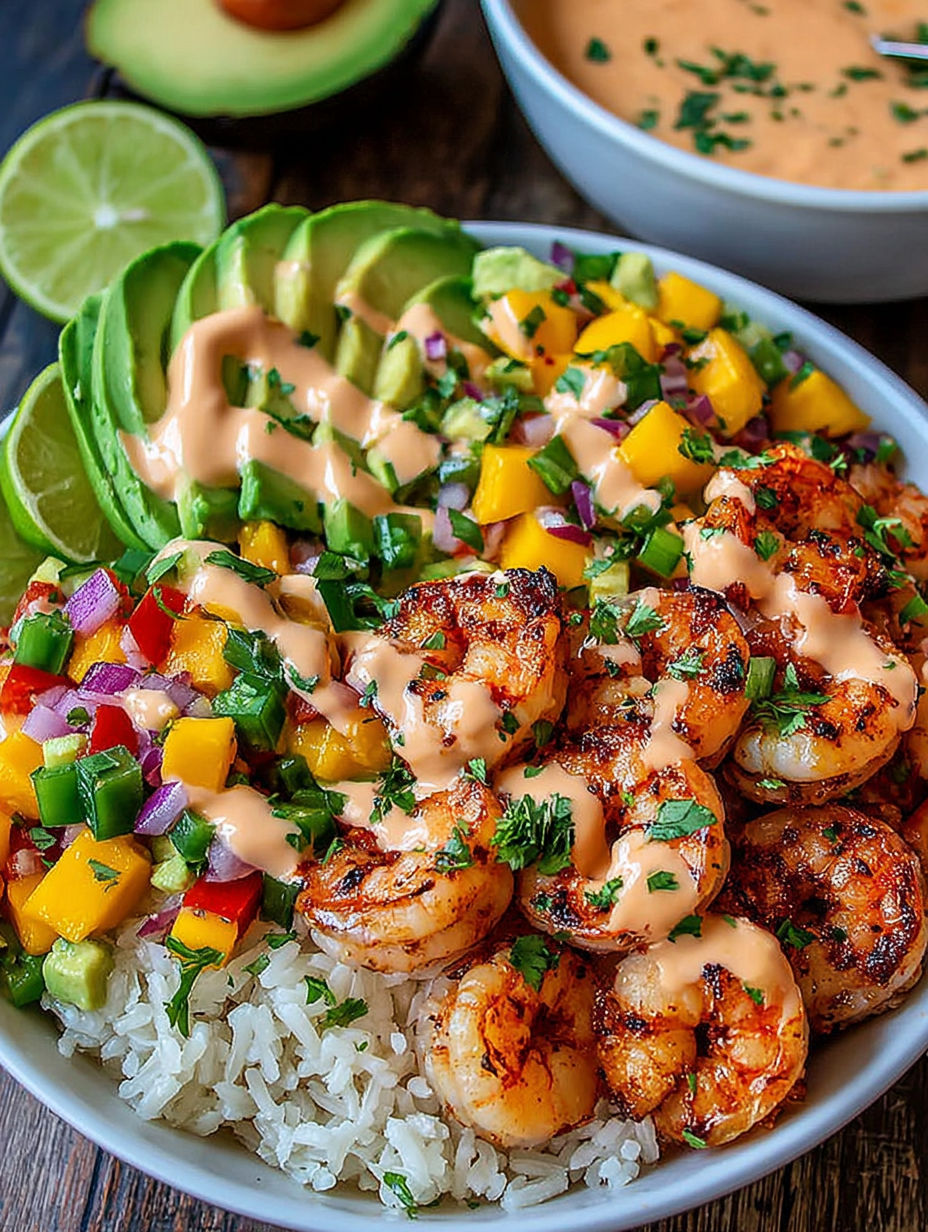 A bowl of food with shrimp, rice, and avocado.