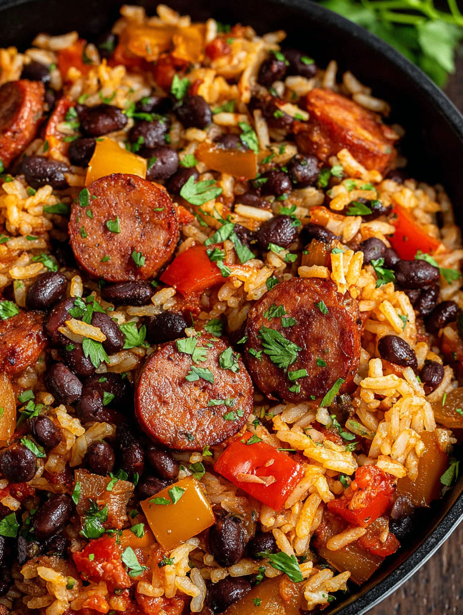 A hearty meal of black beans and rice with sausage.