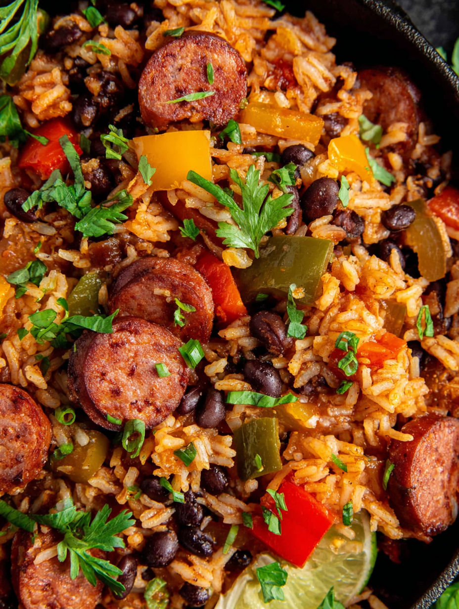 A hearty meal of black beans and rice with sausage.