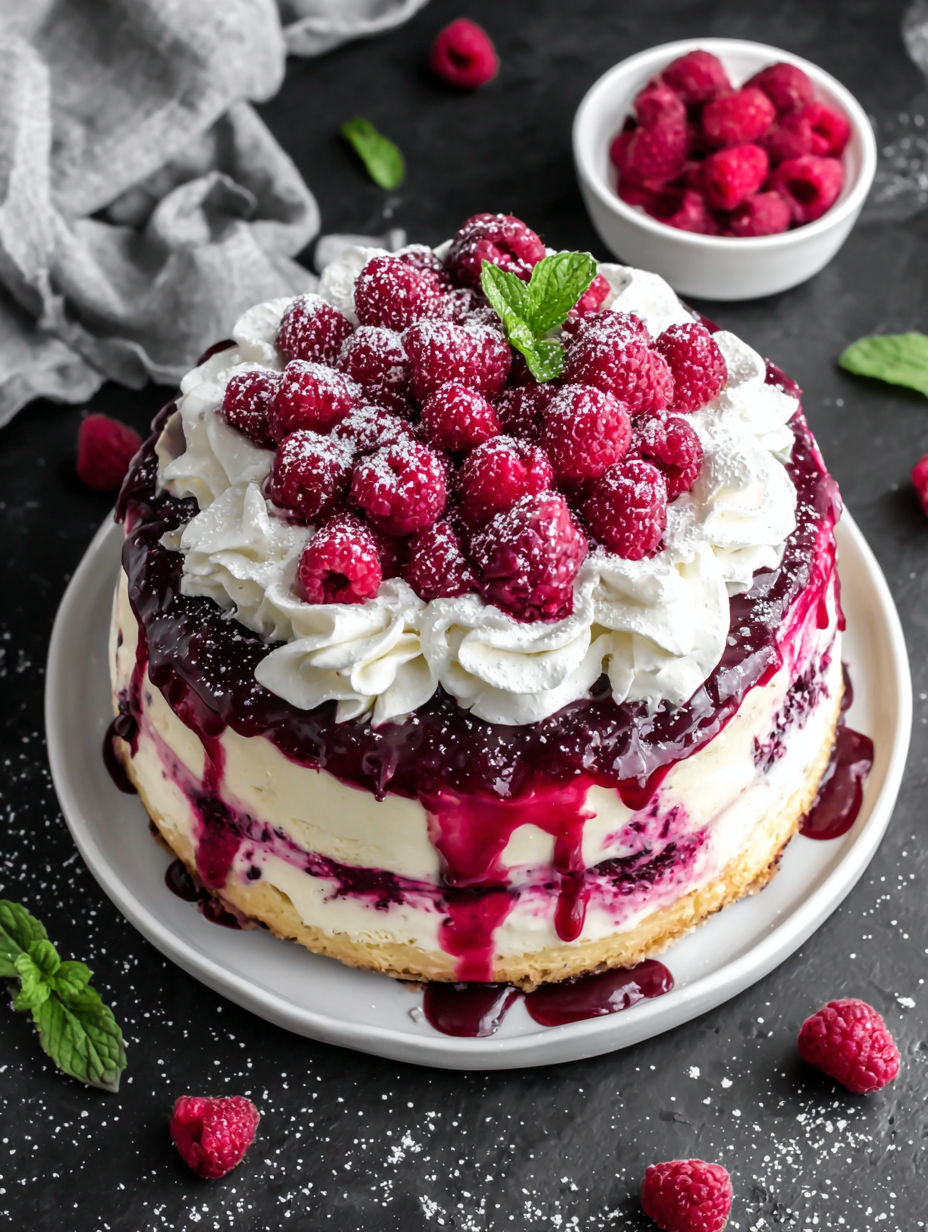 A slice of a white chocolate raspberry dream cake.