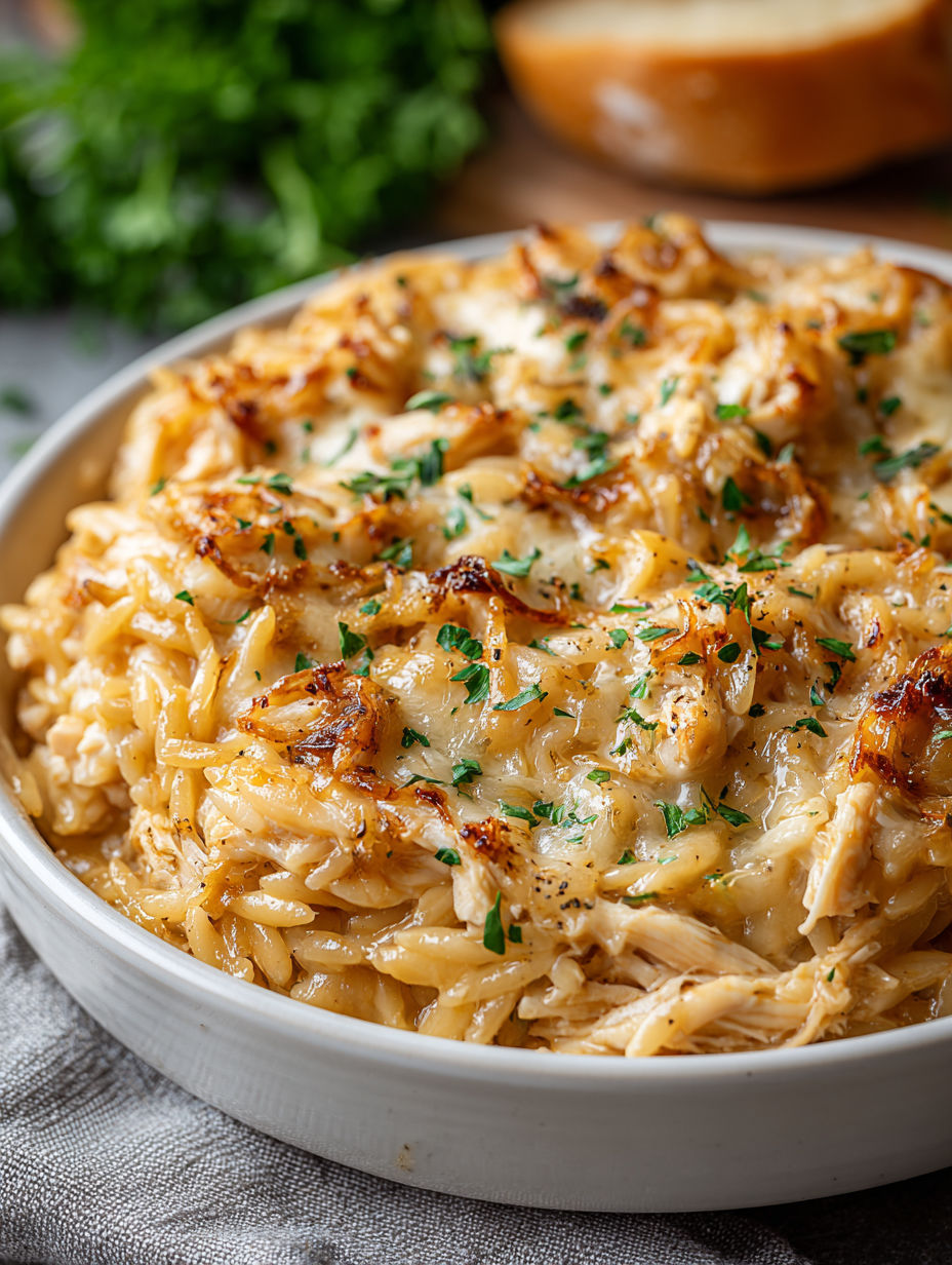 A bowl of French onion chicken orzo casserole.