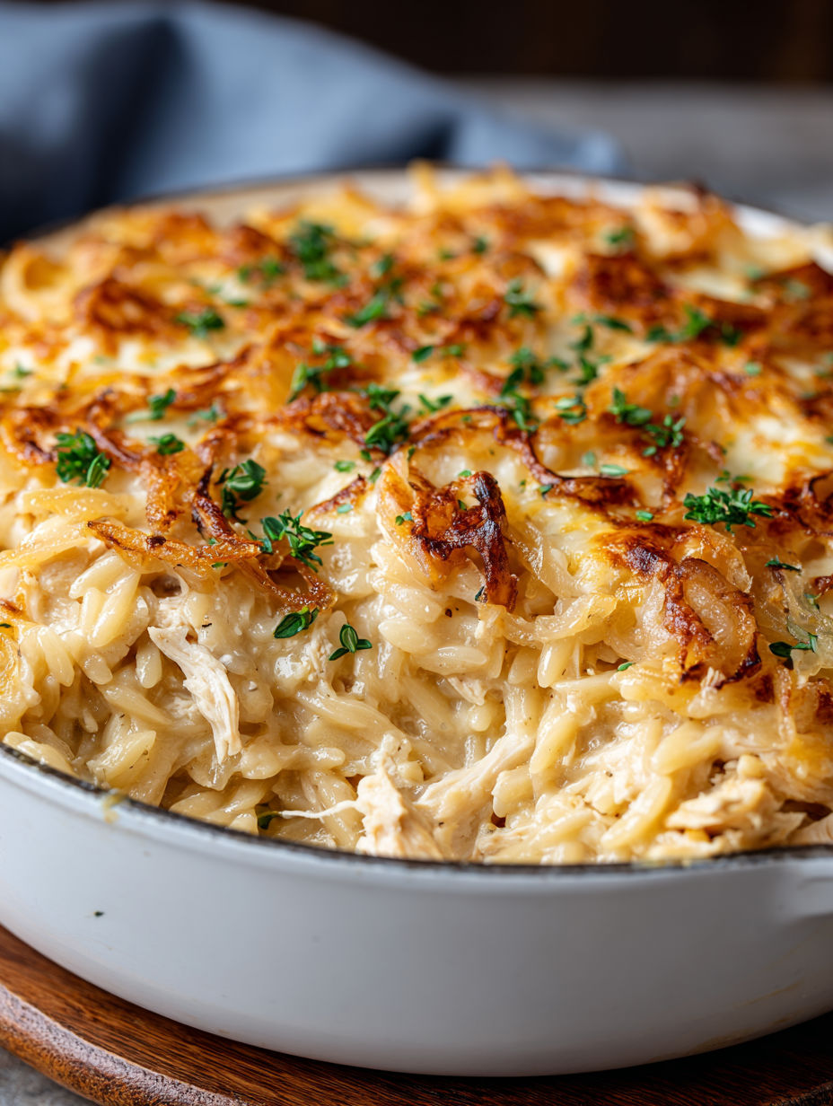 A French Onion Chicken Orzo Casserole in a white bowl.