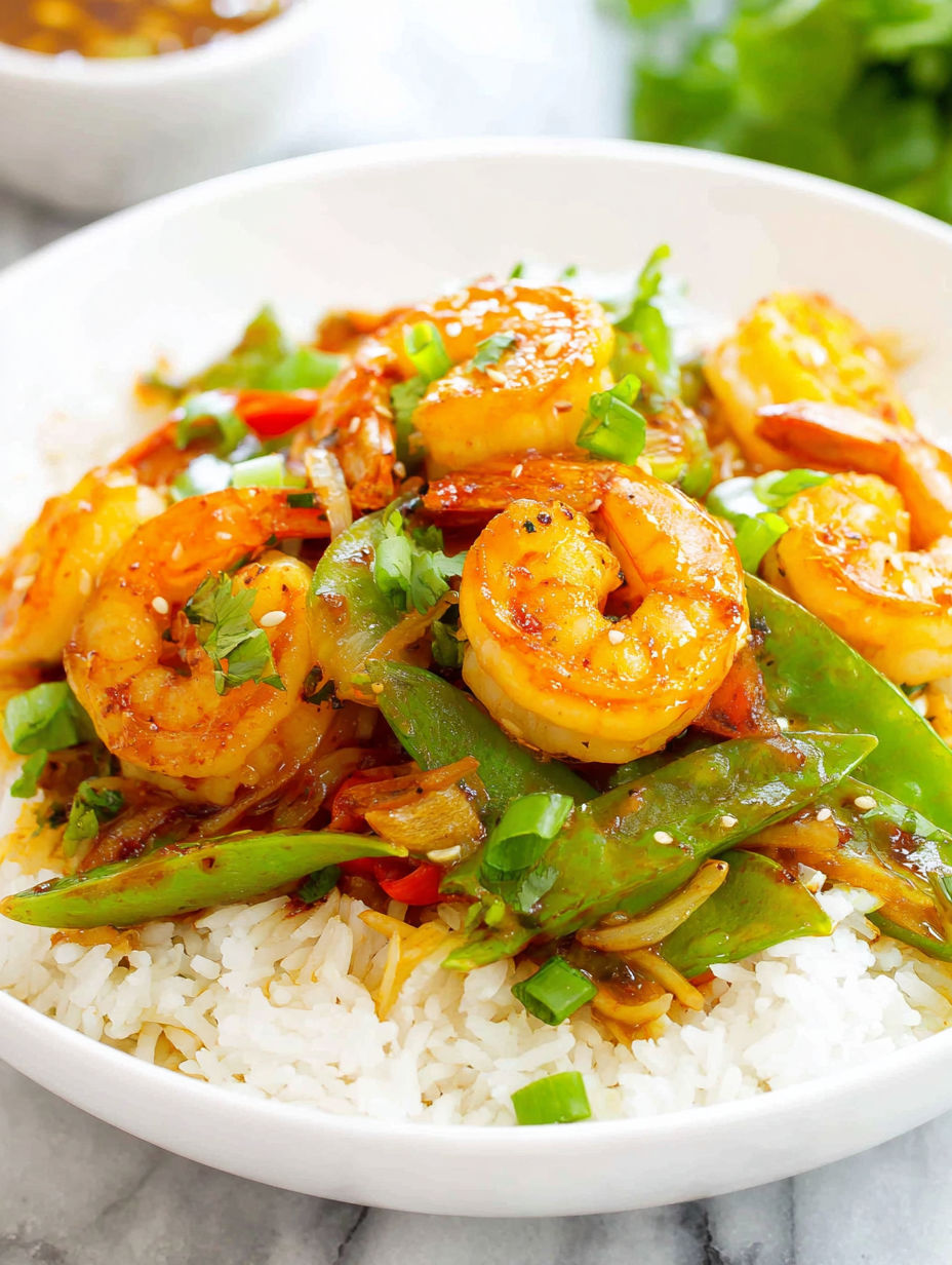 A white bowl filled with shrimp and peas.