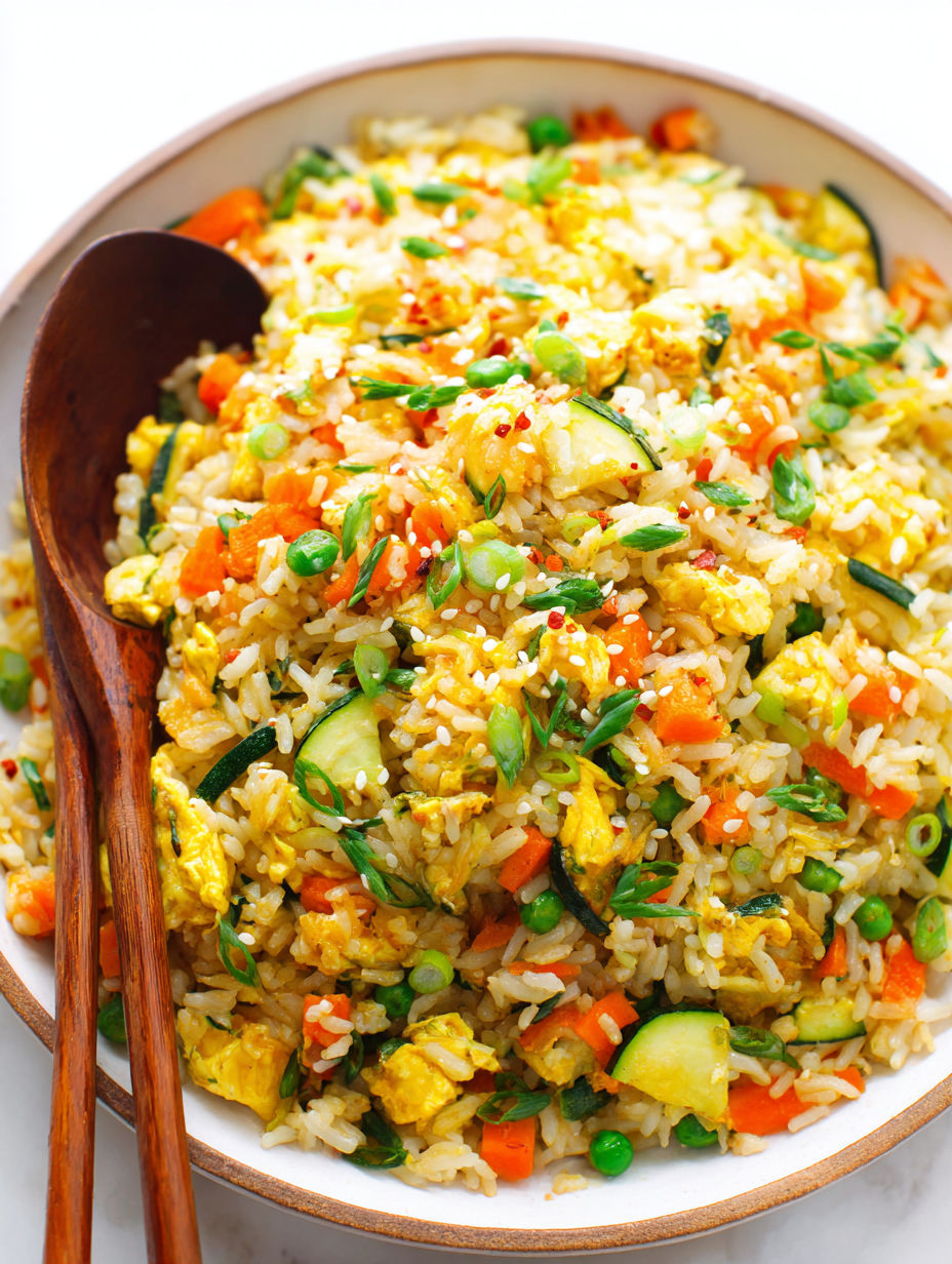 A bowl of rice with vegetables and meat.