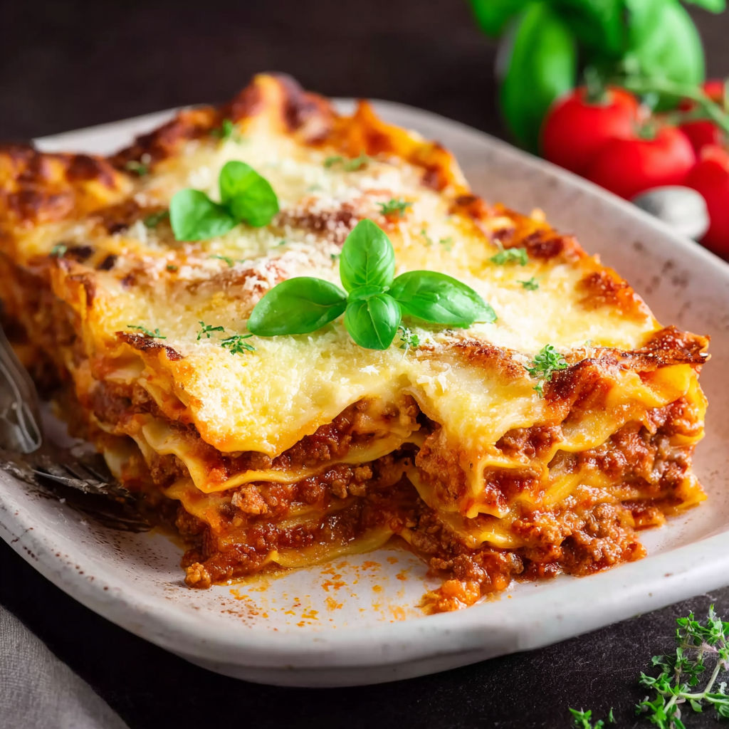A plate of lasagna with green leaves on top.