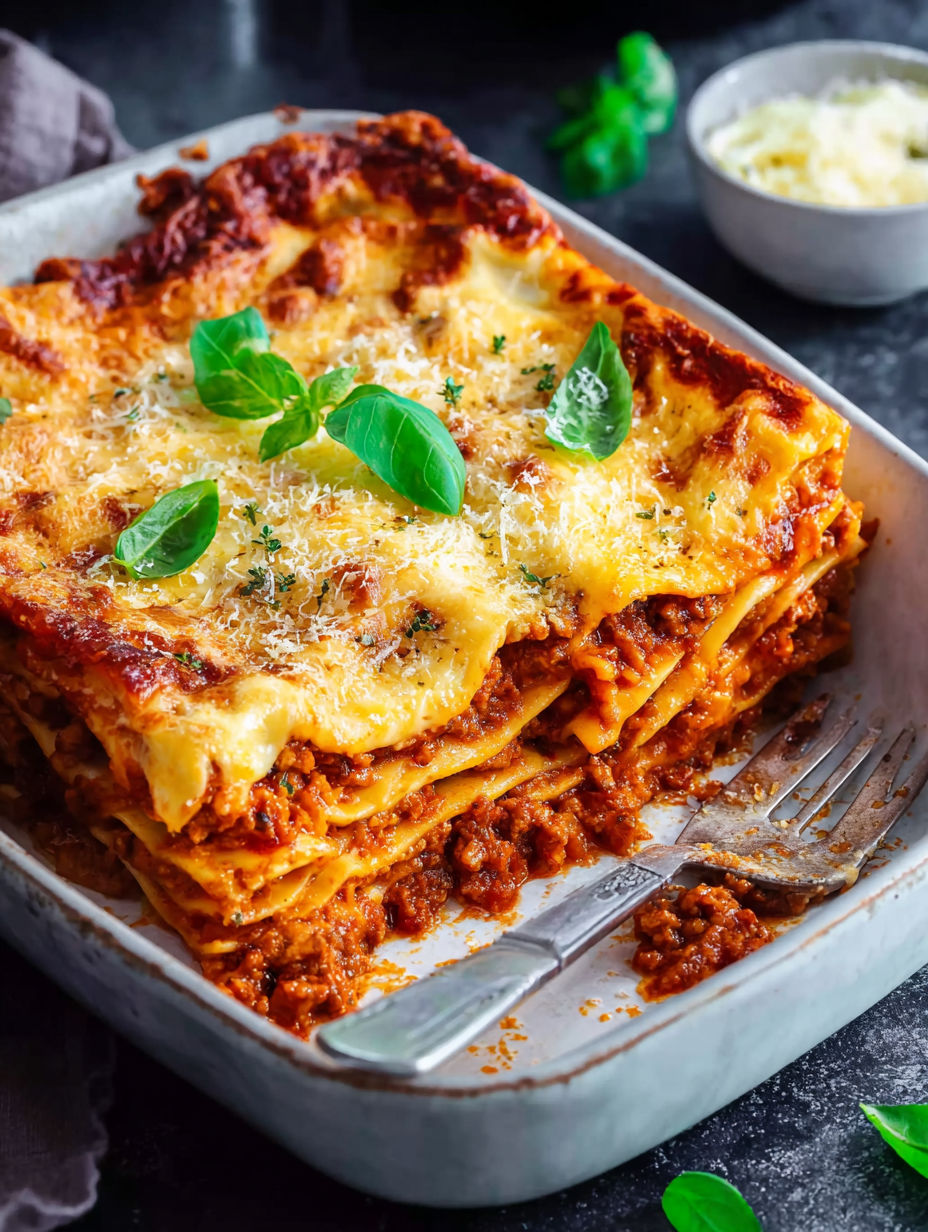 A dish of lasagna with cheese and spinach on top.