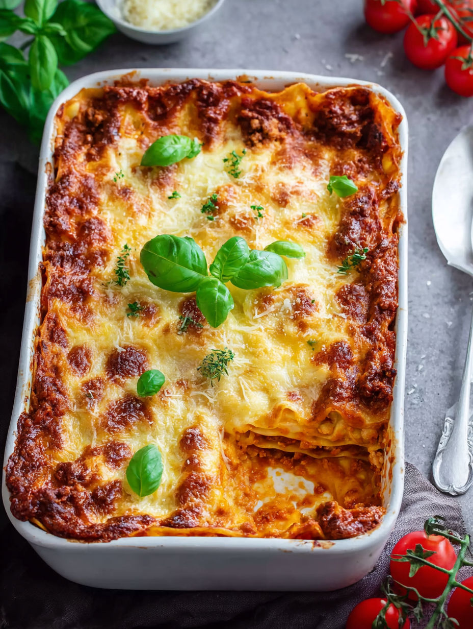 A white dish with lasagna in it.