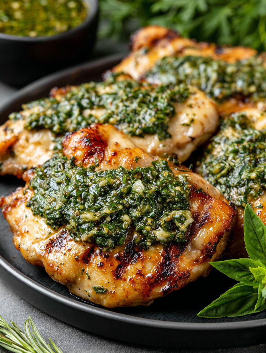 Grilled chicken thighs with basil chimichurri.