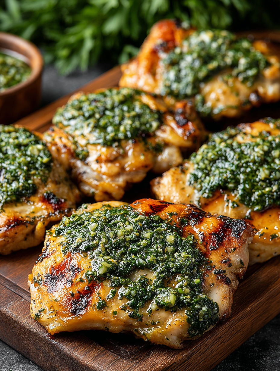 Grilled chicken thighs with basil chimichurri.
