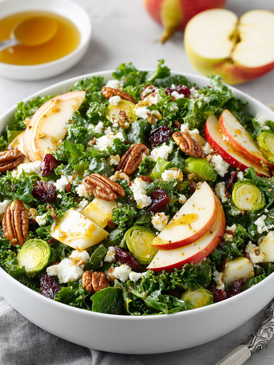 A bowl of salad with apples, pears, and honey dressing.