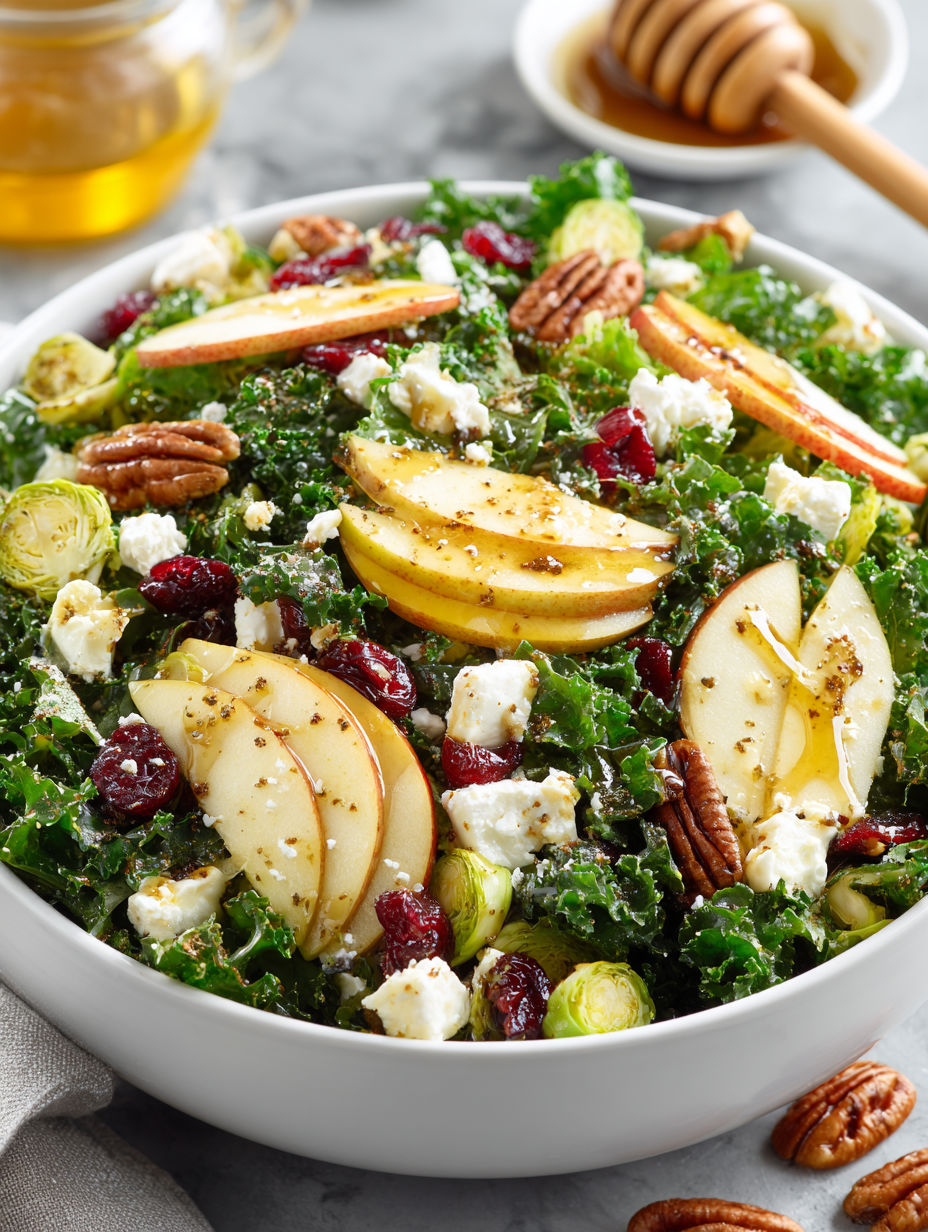 A bowl of salad with apples, pears, and honey dressing.