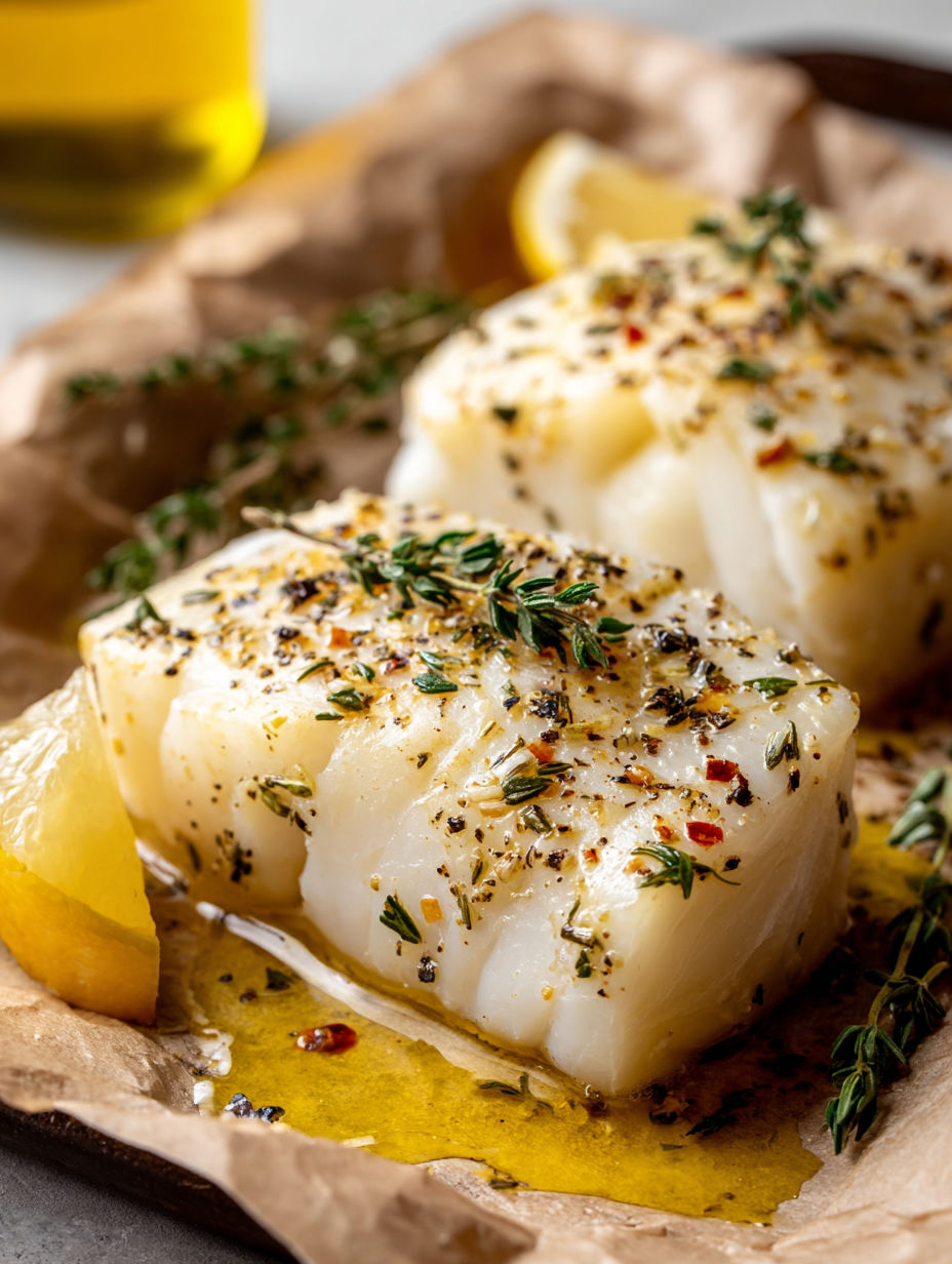 Baked lemon herb cod with a lemon wedge on top.