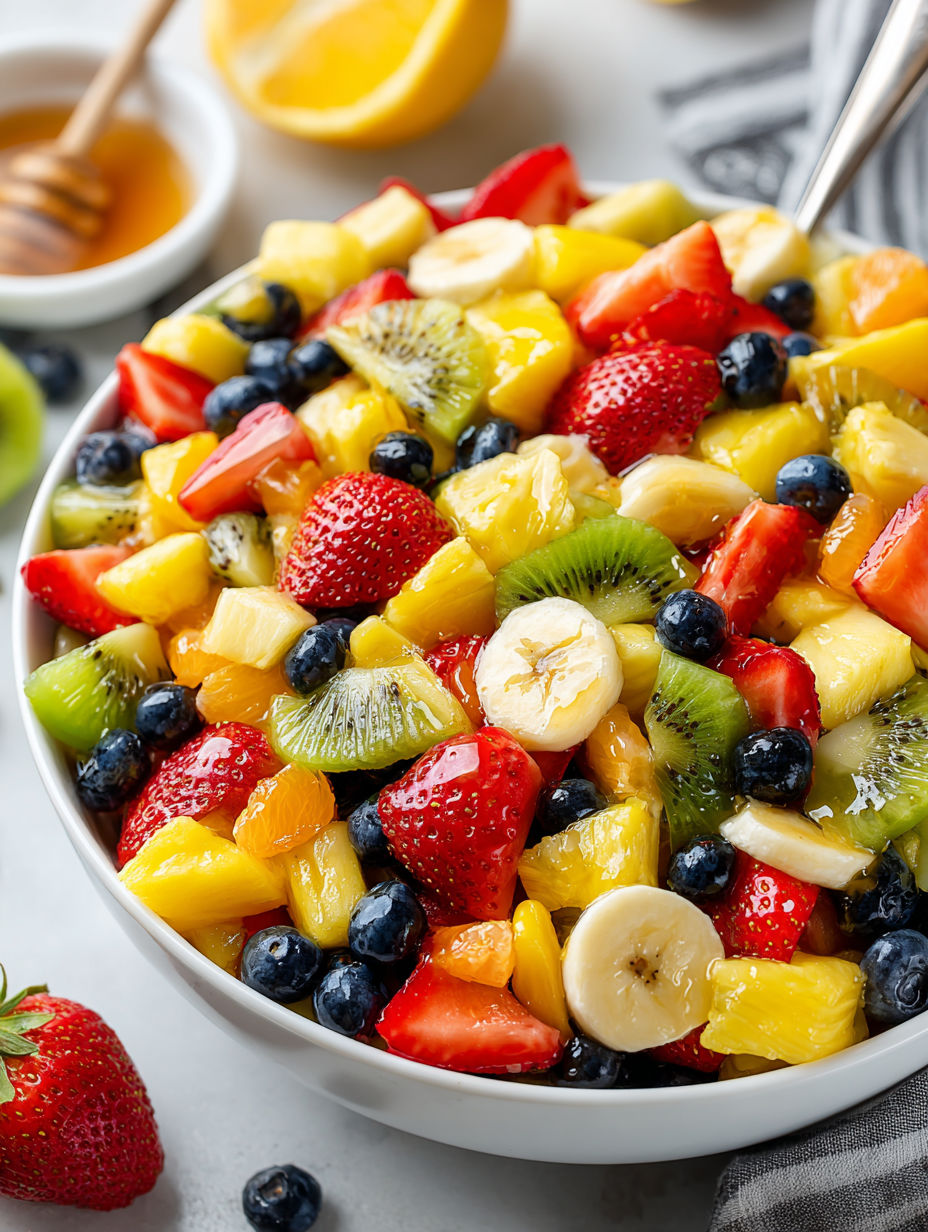 A bowl of fruit salad with bananas, strawberries, kiwi, and blueberries.