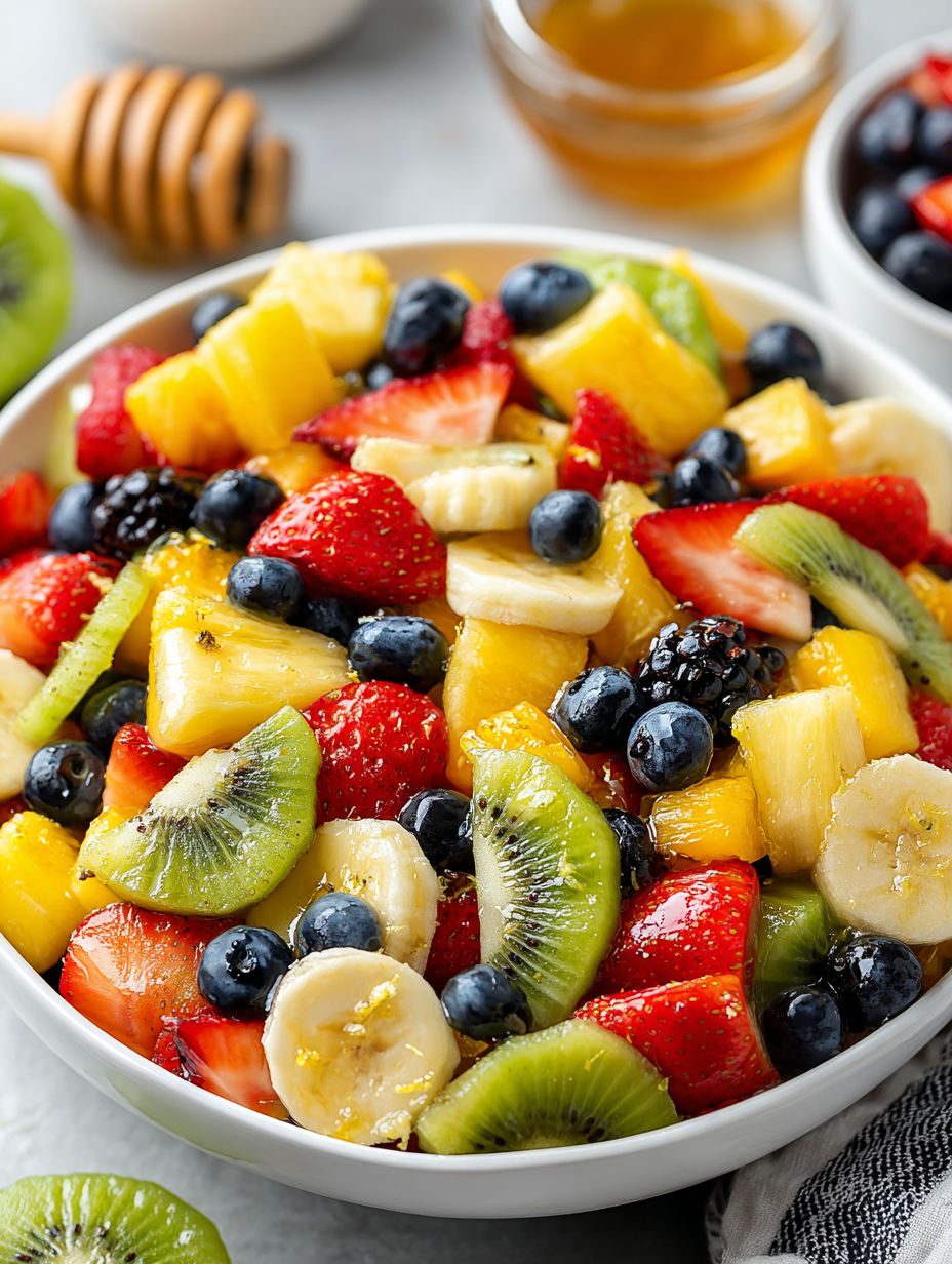 A bowl of fruit salad with bananas, kiwi, strawberries, blueberries, and pineapple.