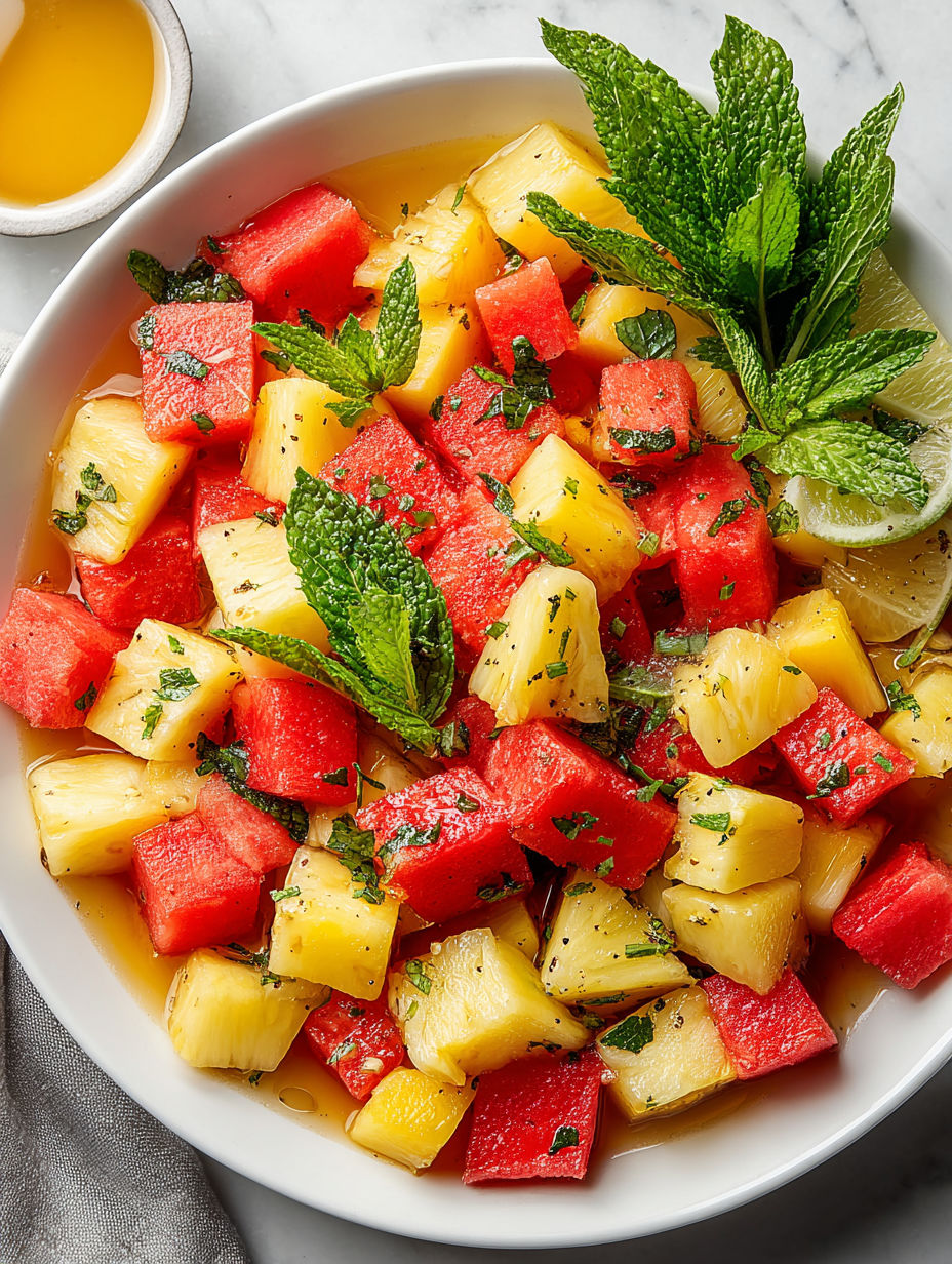 A bowl of watermelon pineapple mint salad.