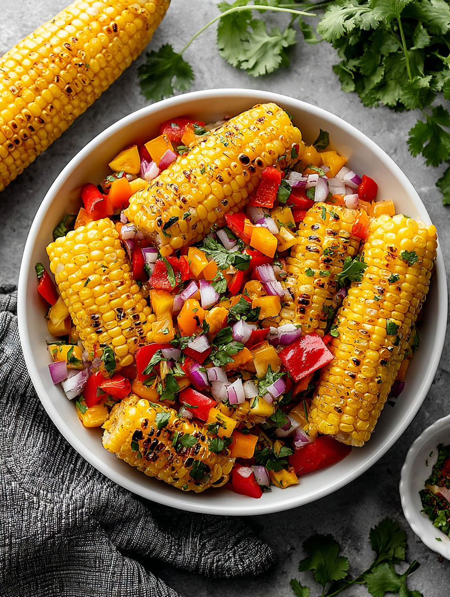 A bowl of grilled corn salad with cilantro and peppers.
