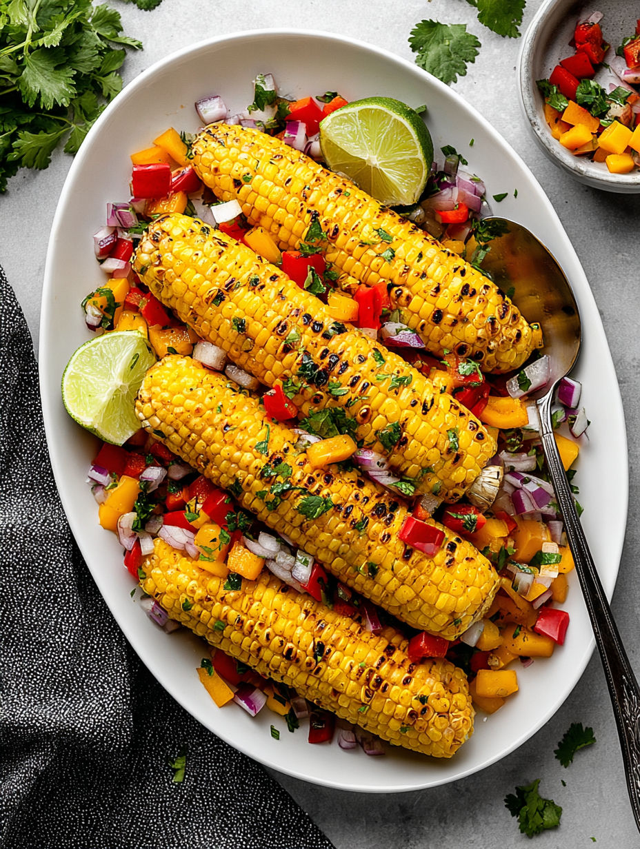 A bowl of grilled corn salad with cilantro and peppers.
