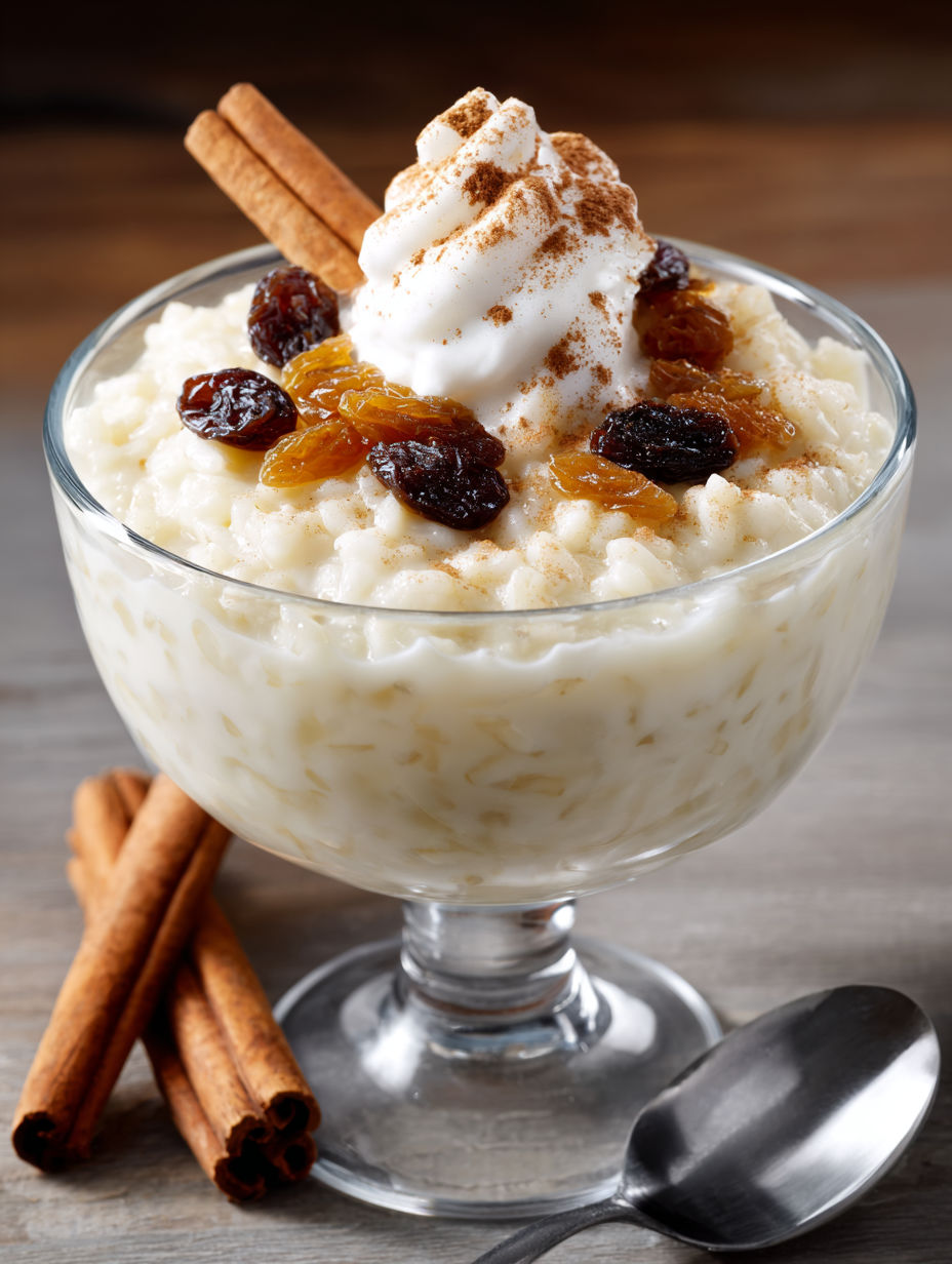 A glass of rice pudding with cinnamon sticks on top.