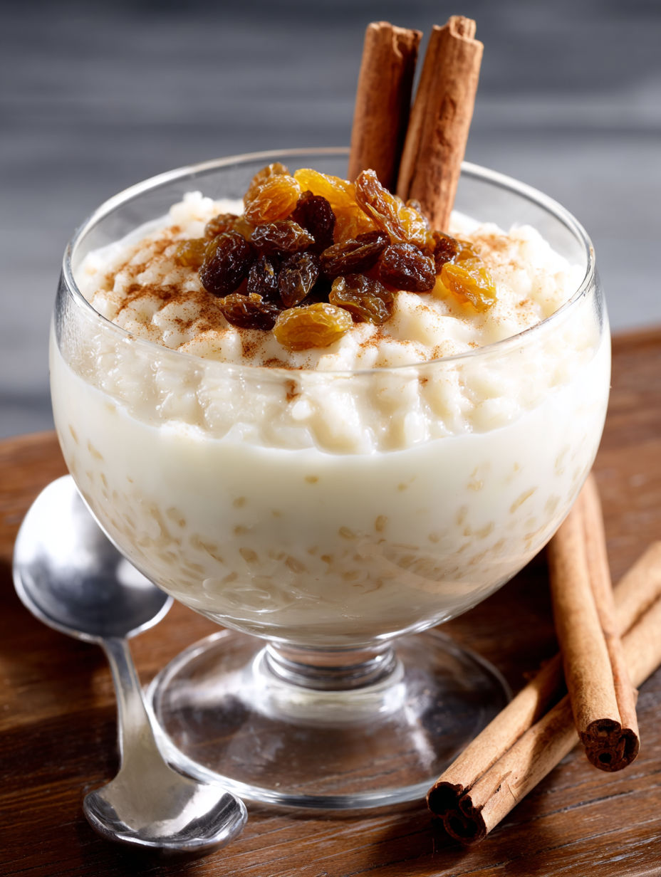 A glass of rice pudding with cinnamon sticks on top.