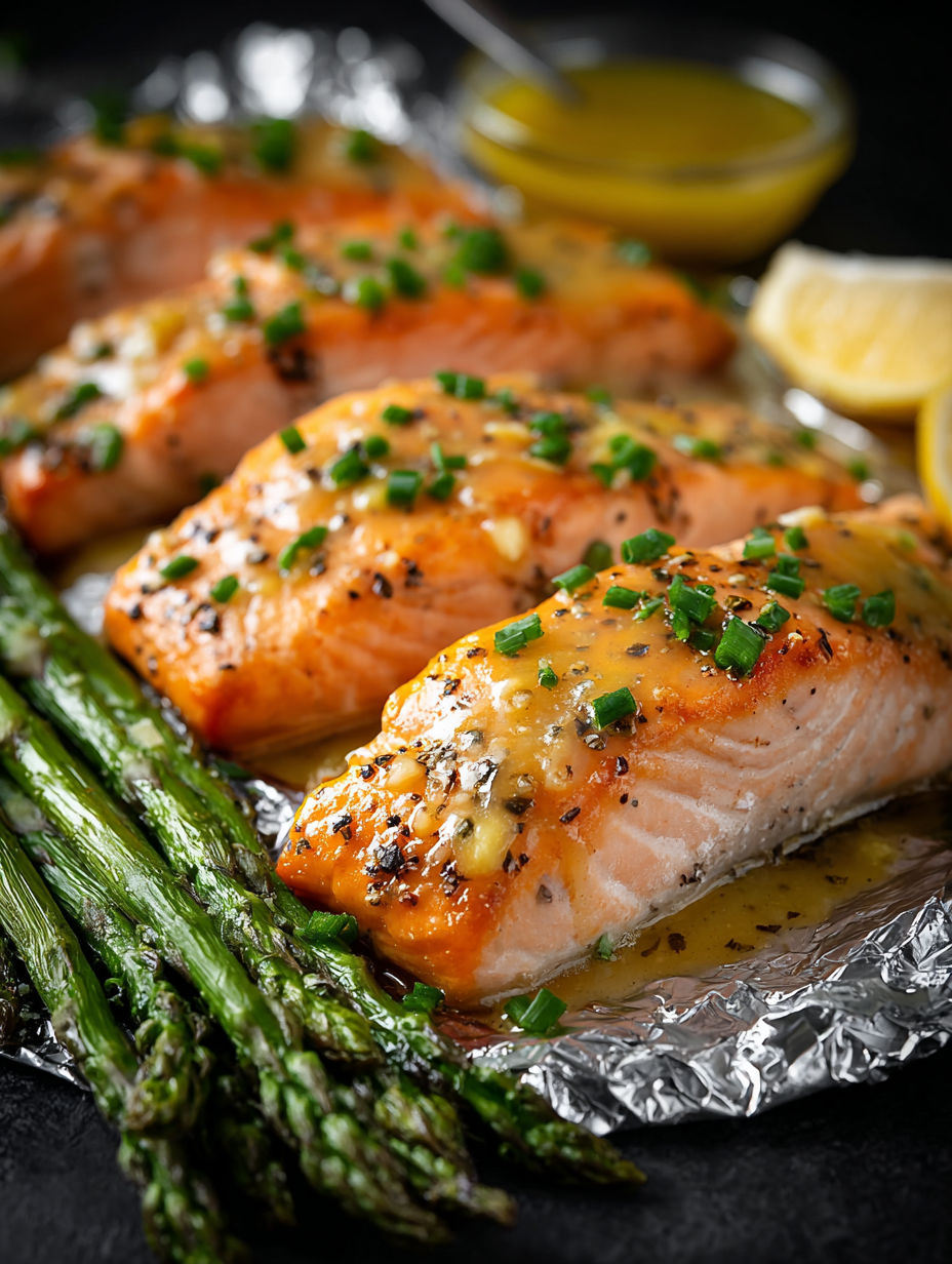 A foil packet of salmon with asparagus.