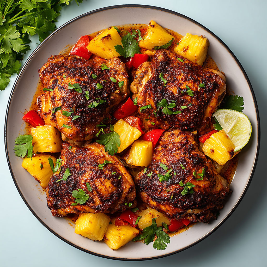 A plate of chicken with pineapple and peppers.