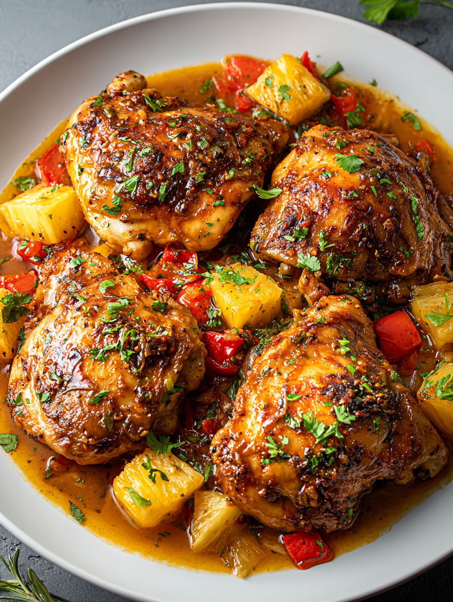 Chicken with a sauce and vegetables.
