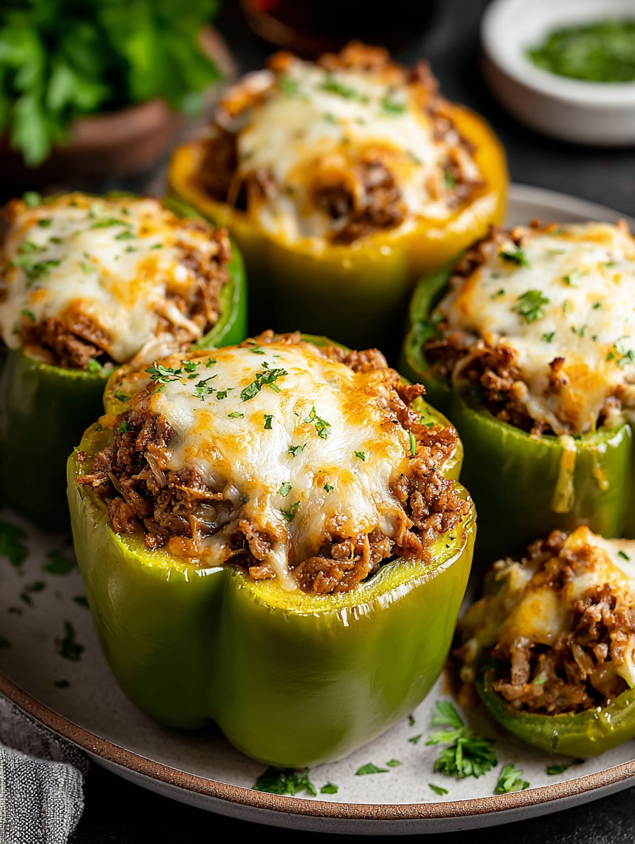 A plate of Philly Cheesesteak Stuffed Peppers.