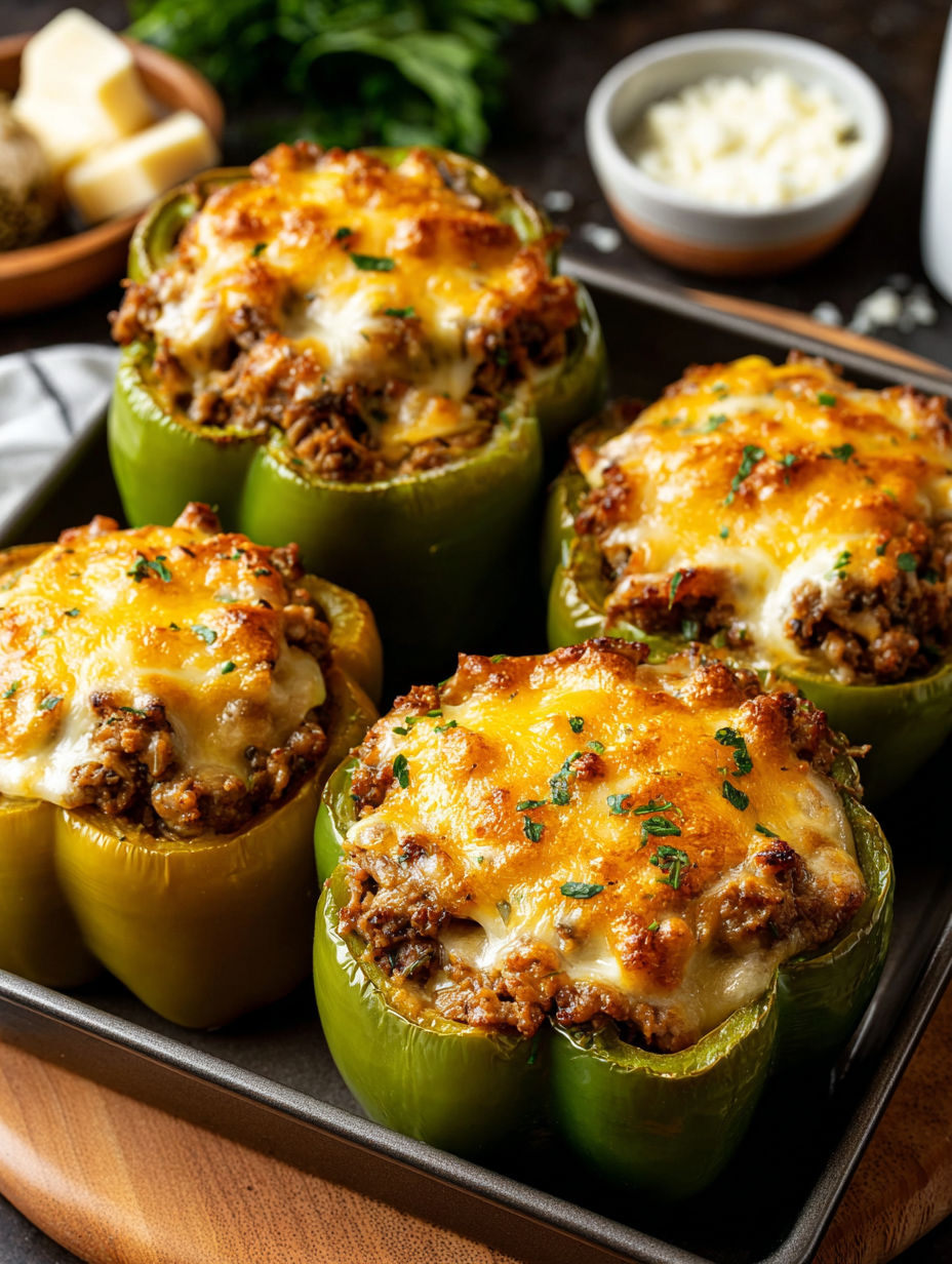 A pan of Philly Cheesesteak Stuffed Peppers.