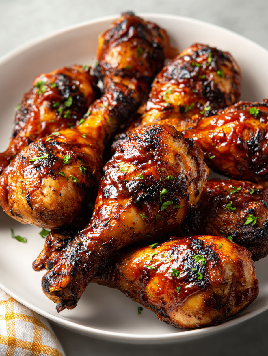 A plate of BBQ chicken drumsticks.