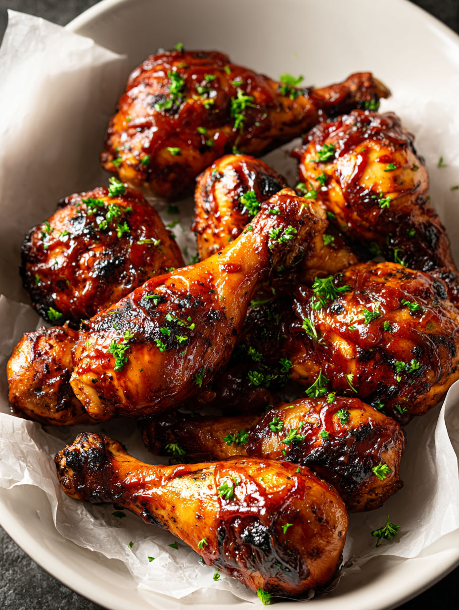 A plate of BBQ chicken drumsticks.