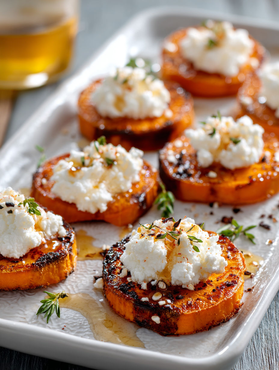 Sweet potato rounds with whipped cottage cheese and hot honey.