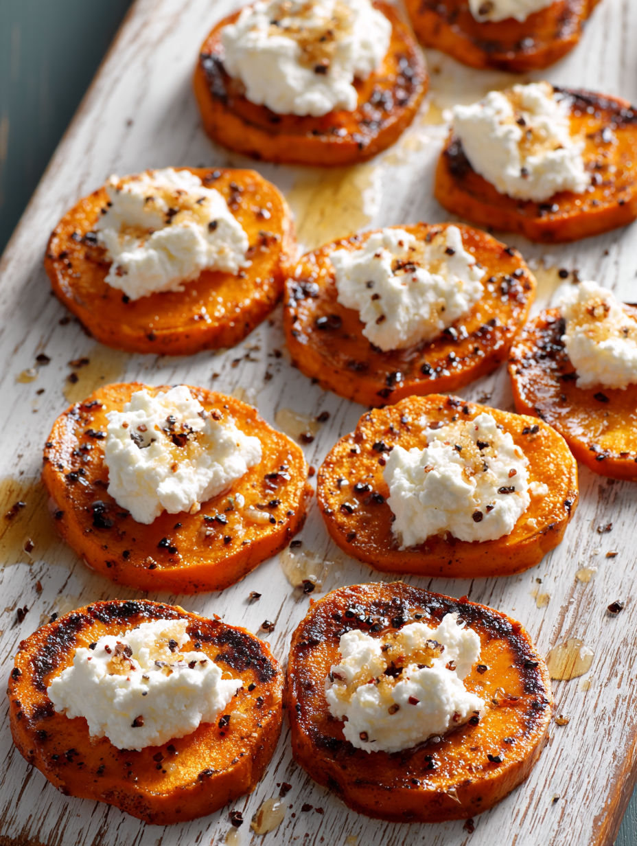 Sweet potato rounds with whipped cottage cheese and hot honey.